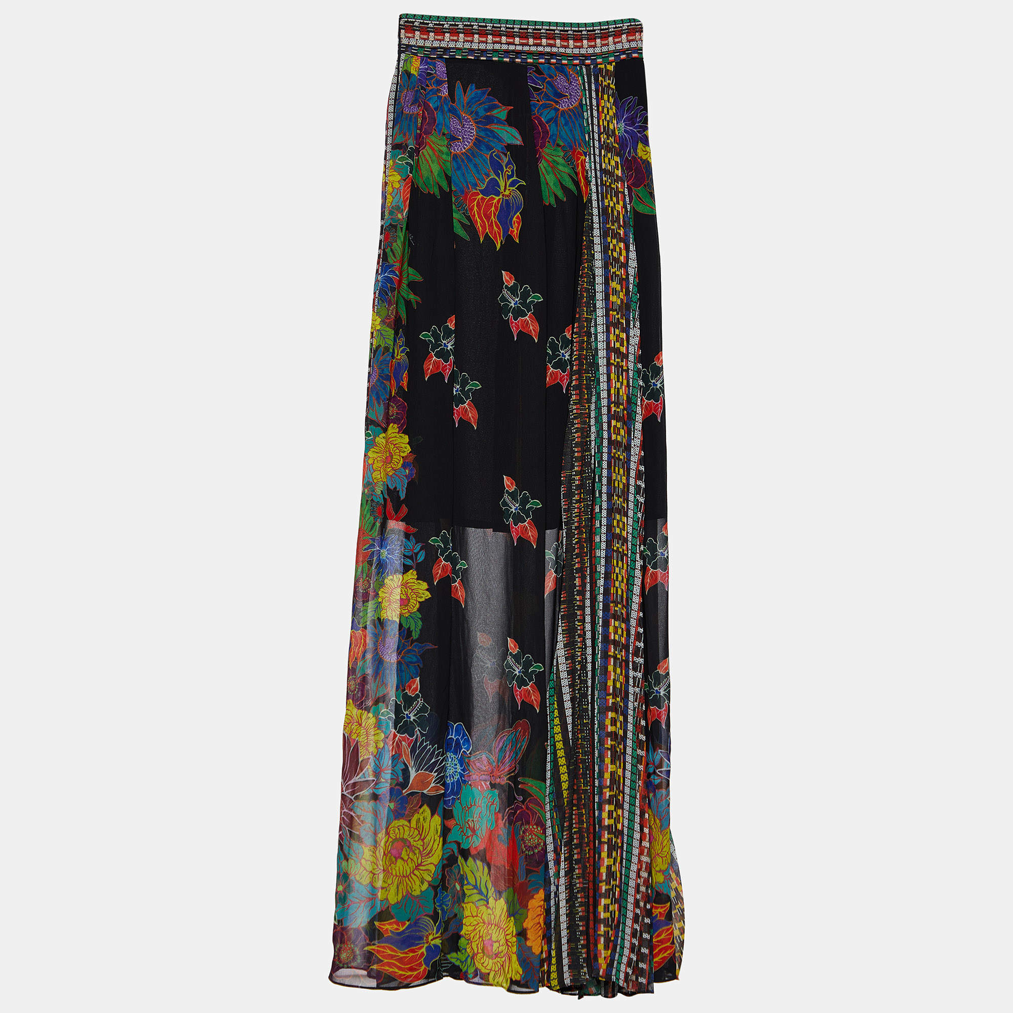 Pre Owned Just Cavalli Black Patchwork Print Chiffon Pleated Maxi Skirt S