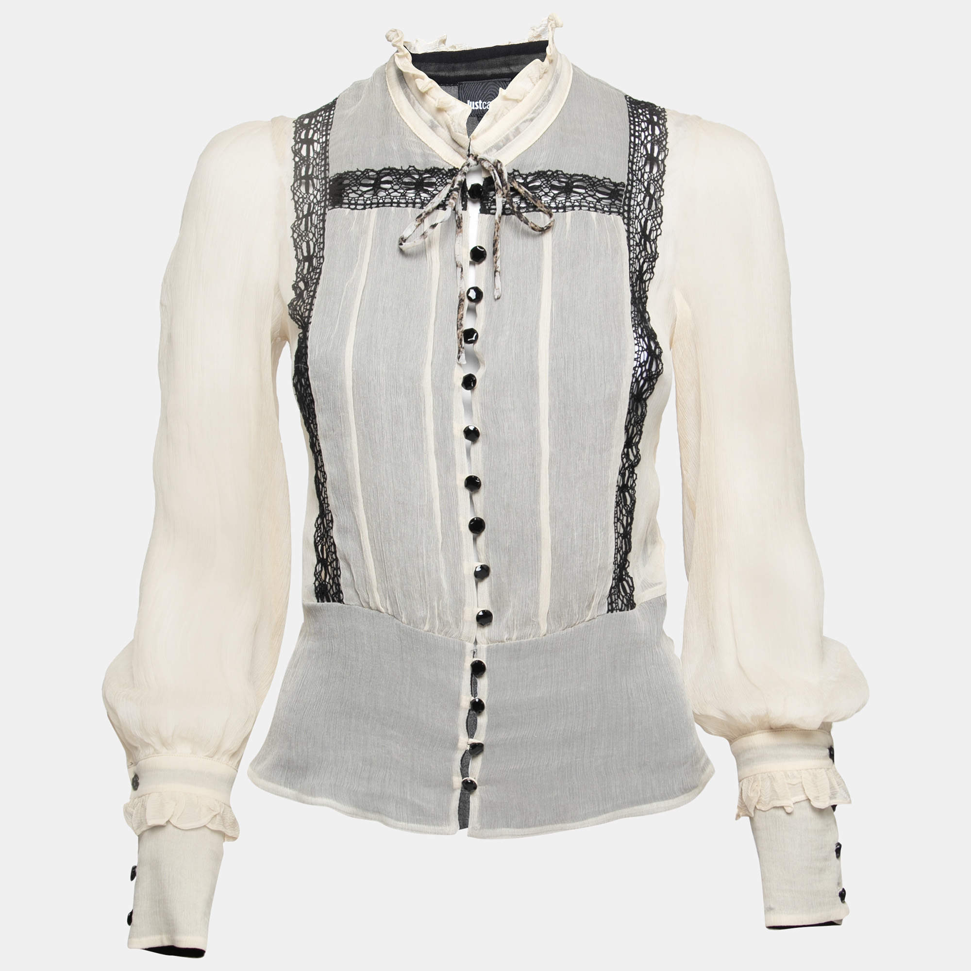Pre Owned Just Cavalli Cream Silk Chiffon Lace Inset Ruffle Trimmed Blouse S
