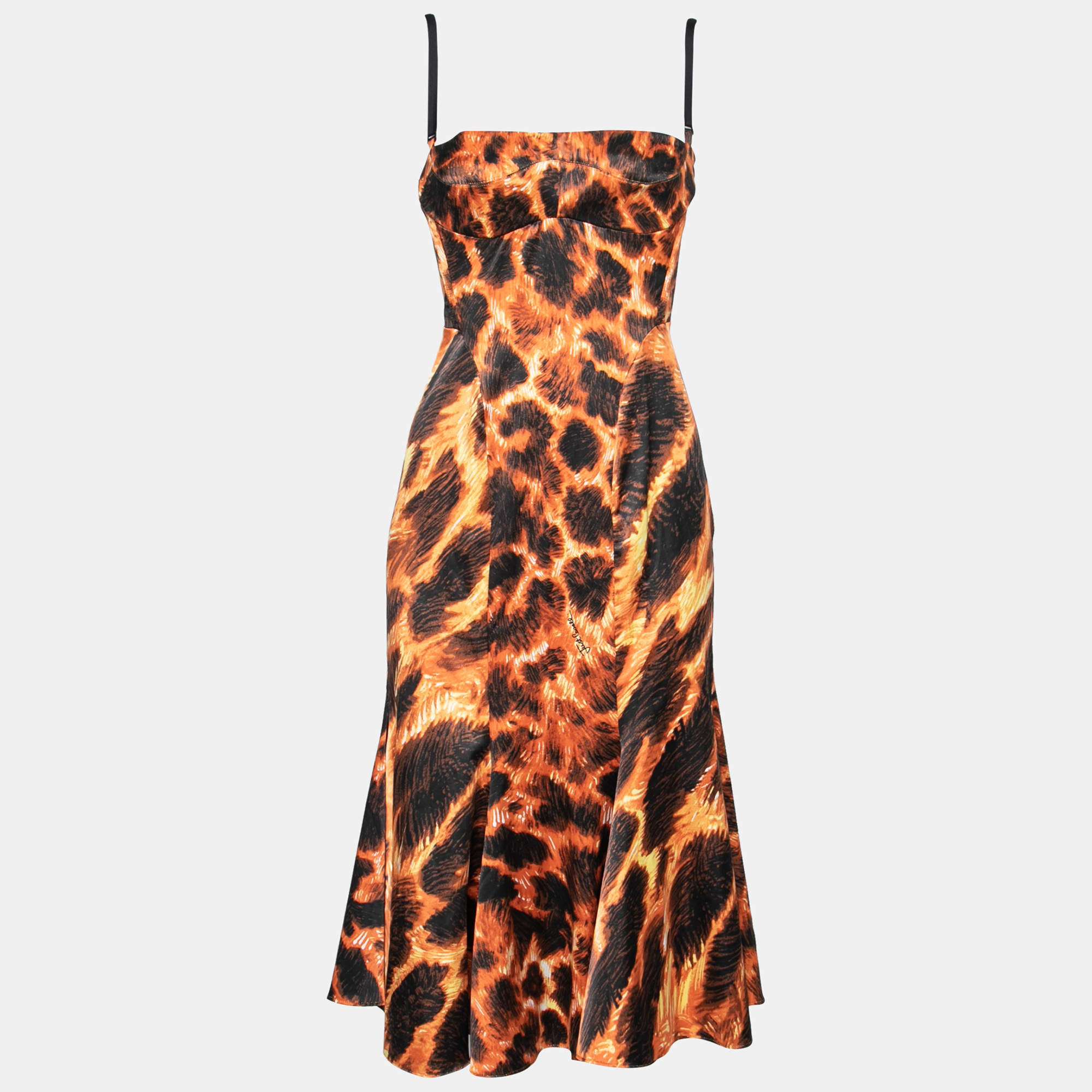 Pre Owned Just Cavalli Orange Animal Print Satin Strapless Midi Dress M