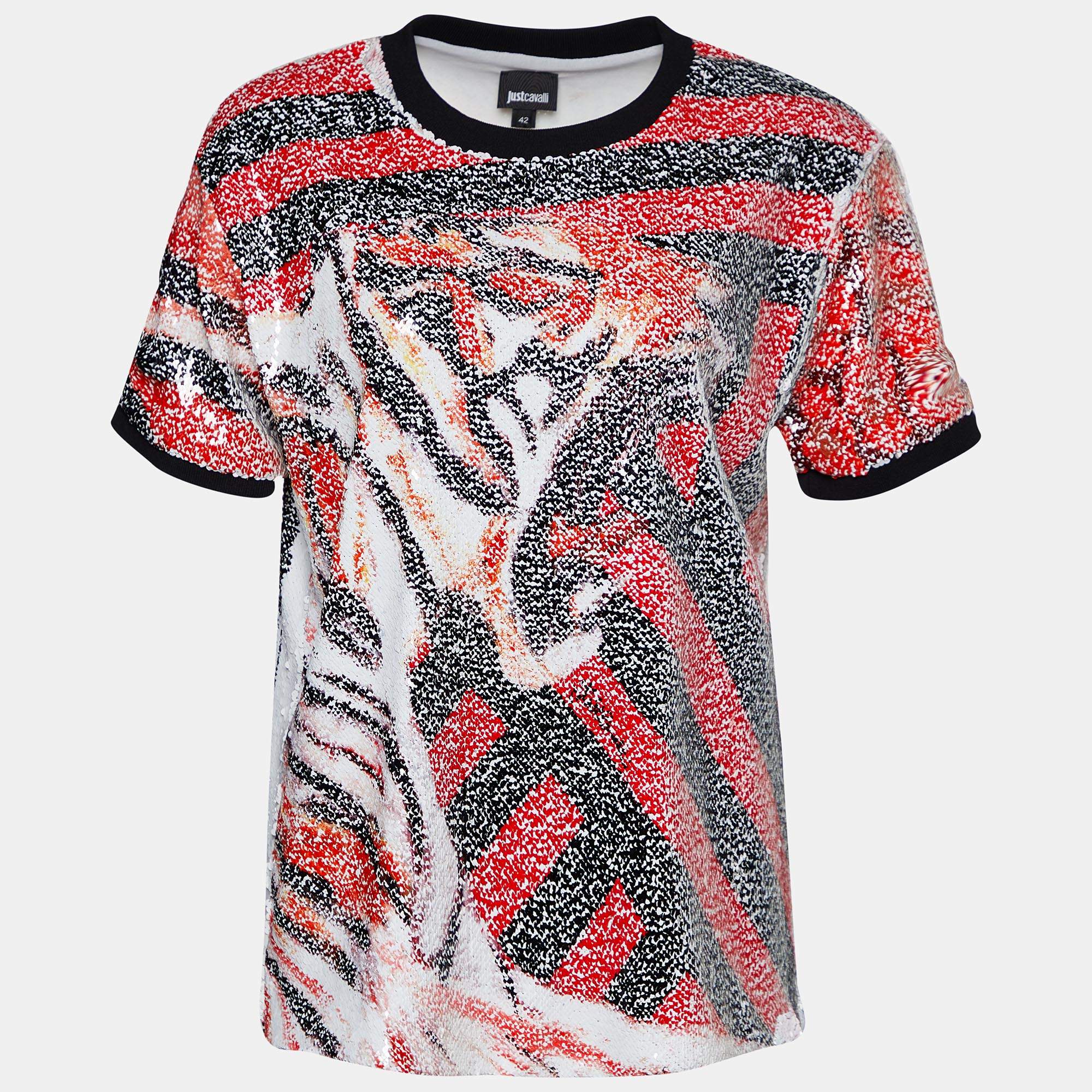 Roberto Cavalli Multicolor Animal Pattern Sequined Crew Neck Top M