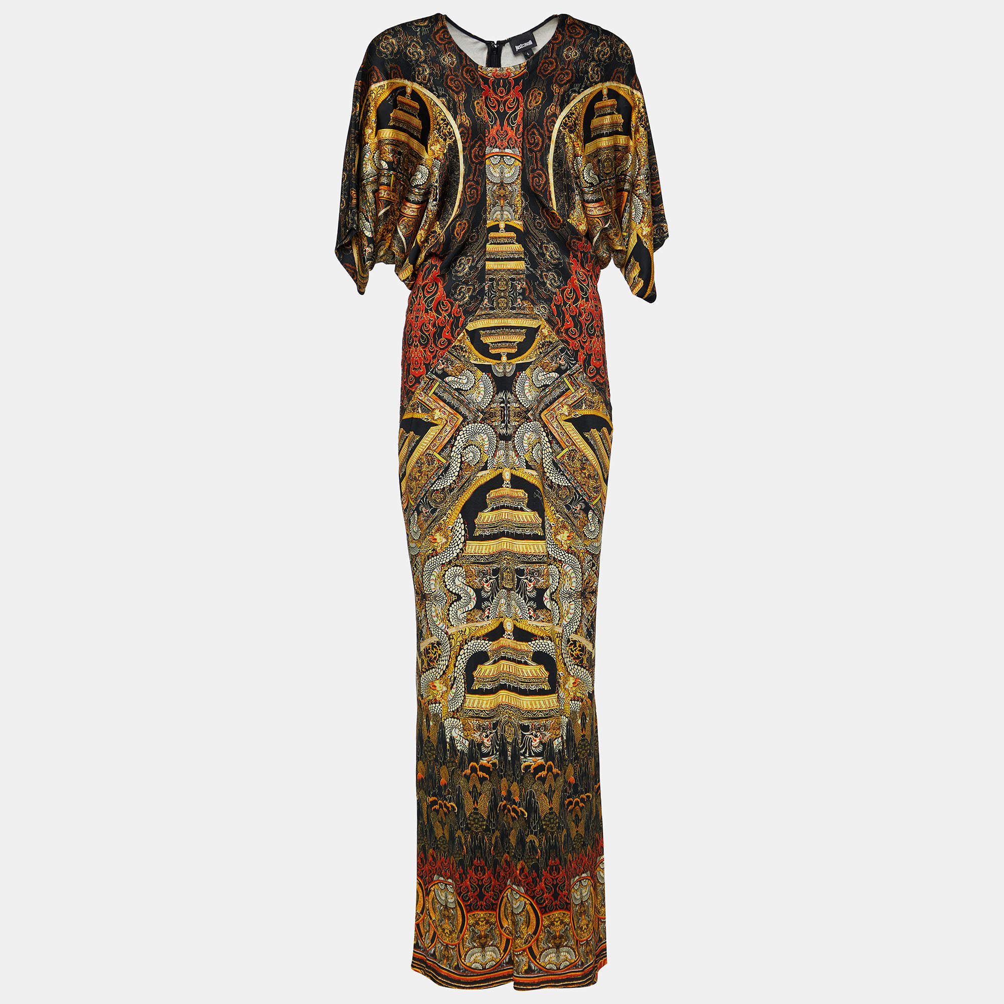 Pre Owned Just Cavalli Black Printed Jersey Flared Sleeve Maxi Dress L
