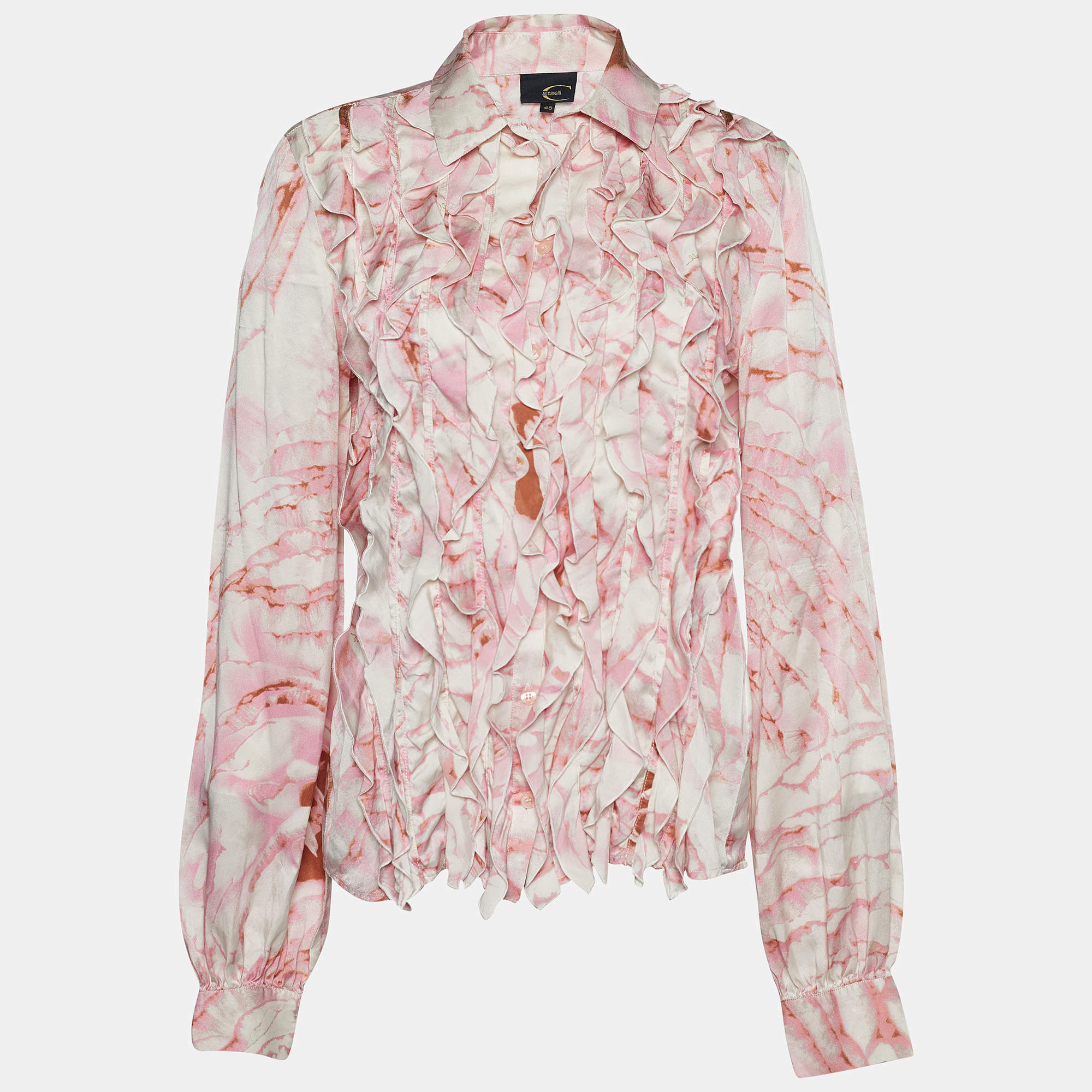 Pre Owned Just Cavalli Pink Printed Satin Silk Ruffle Shirt L
