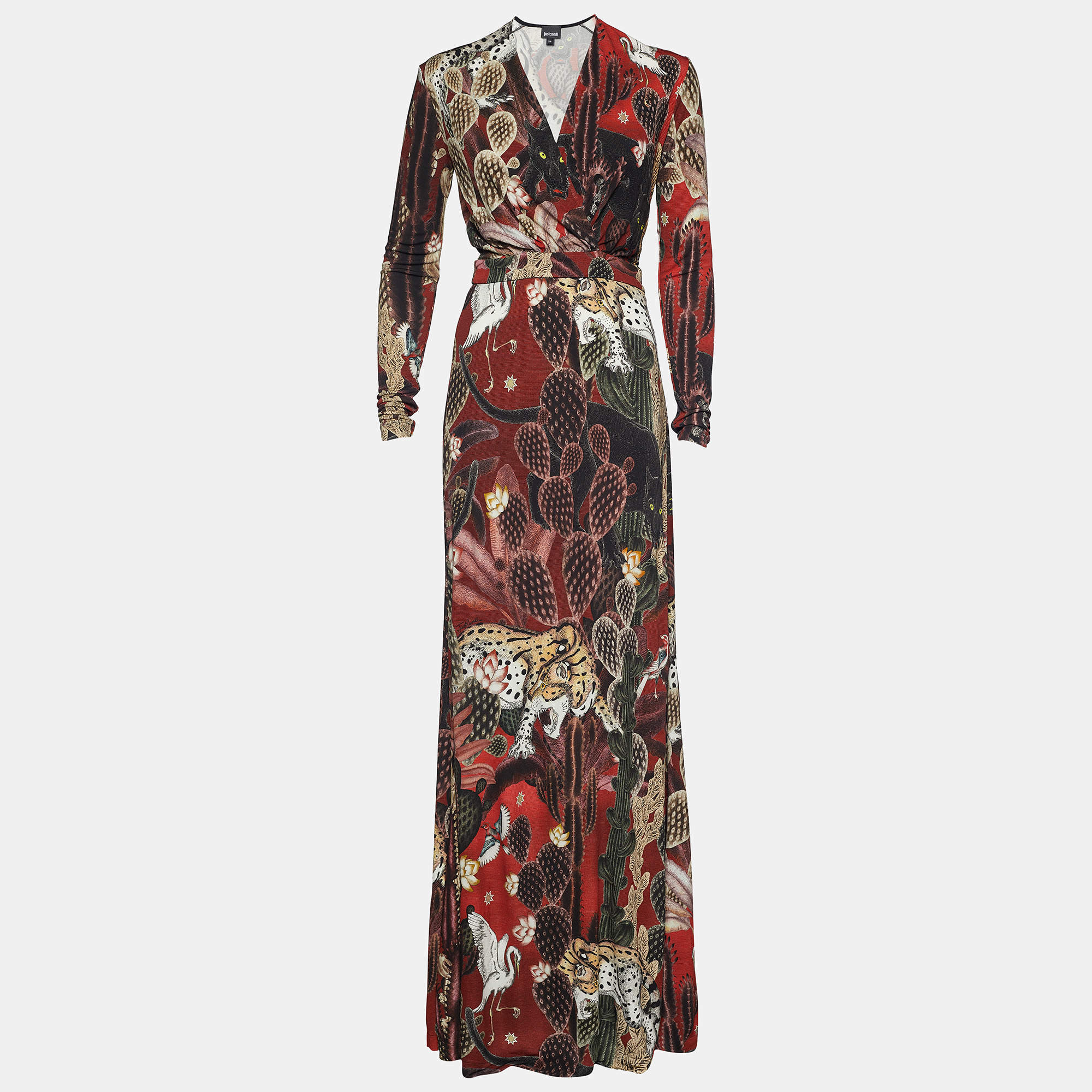 Pre Owned Just Cavalli Multicolor Printed Jersey Faux Wrap Maxi Dress S