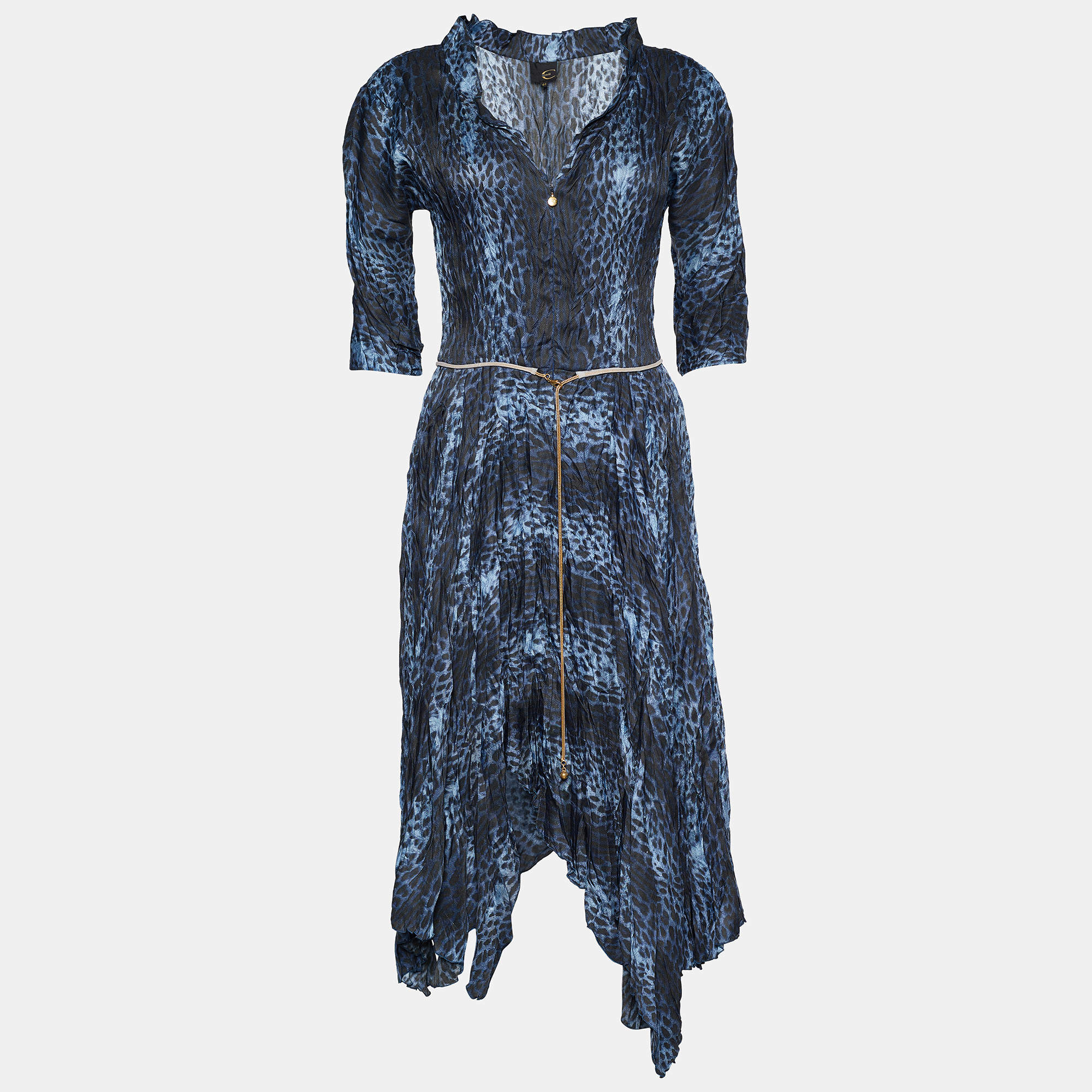 Pre Owned Just Cavalli Blue Leopard Print Silk Chain Belted Dress M