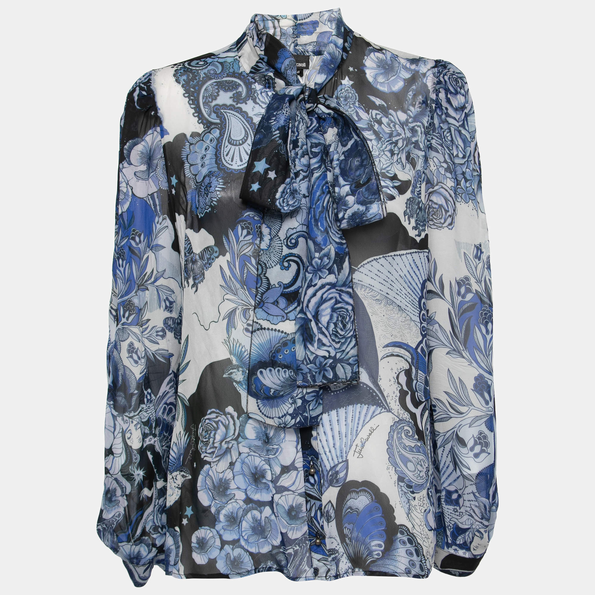 مملوكة مسبقًا Just Cavalli Blue Floral Printed Chiffon Tie-Neck Blouse L