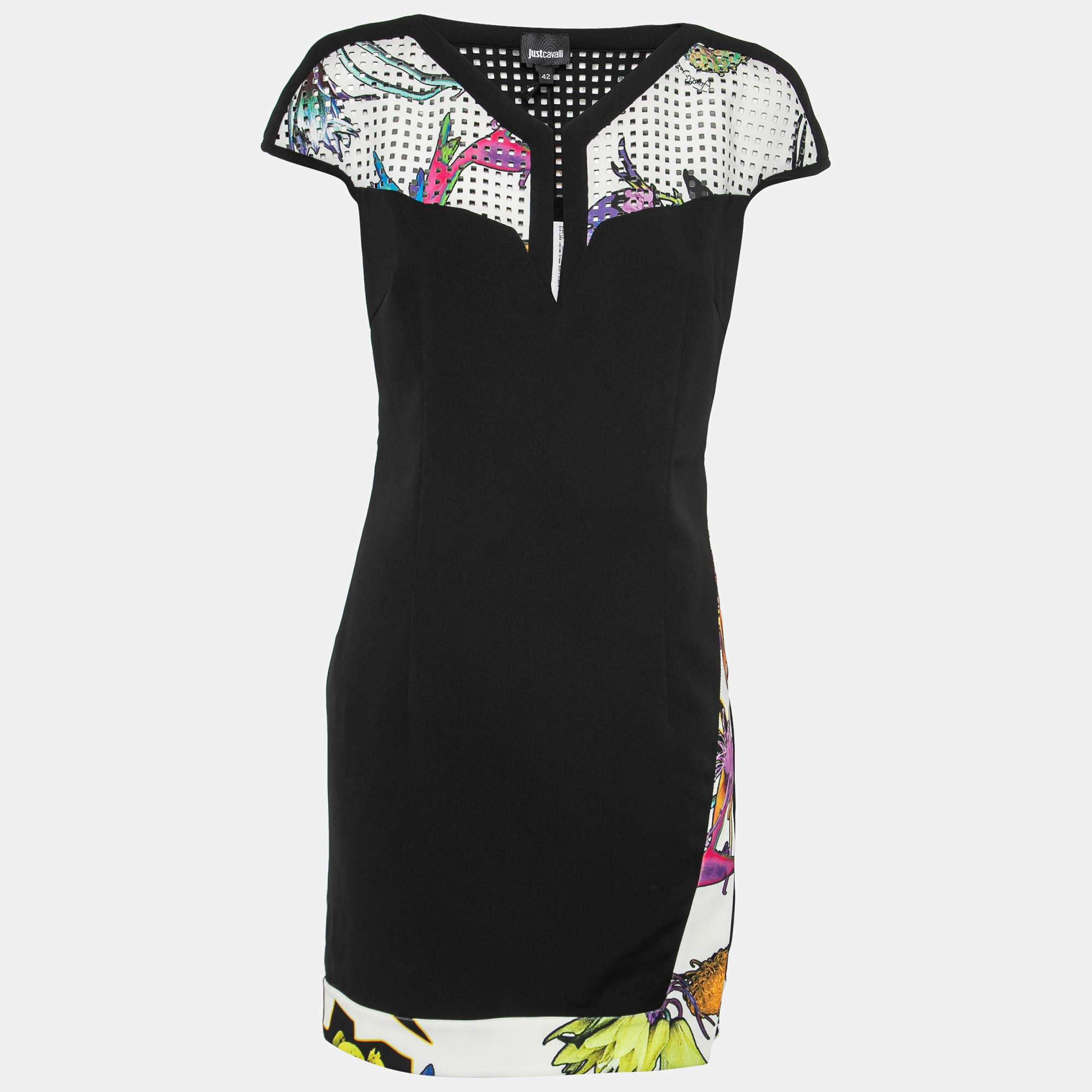 Pre Owned Just Cavalli Black Floral Neoprene Sheath Dress M