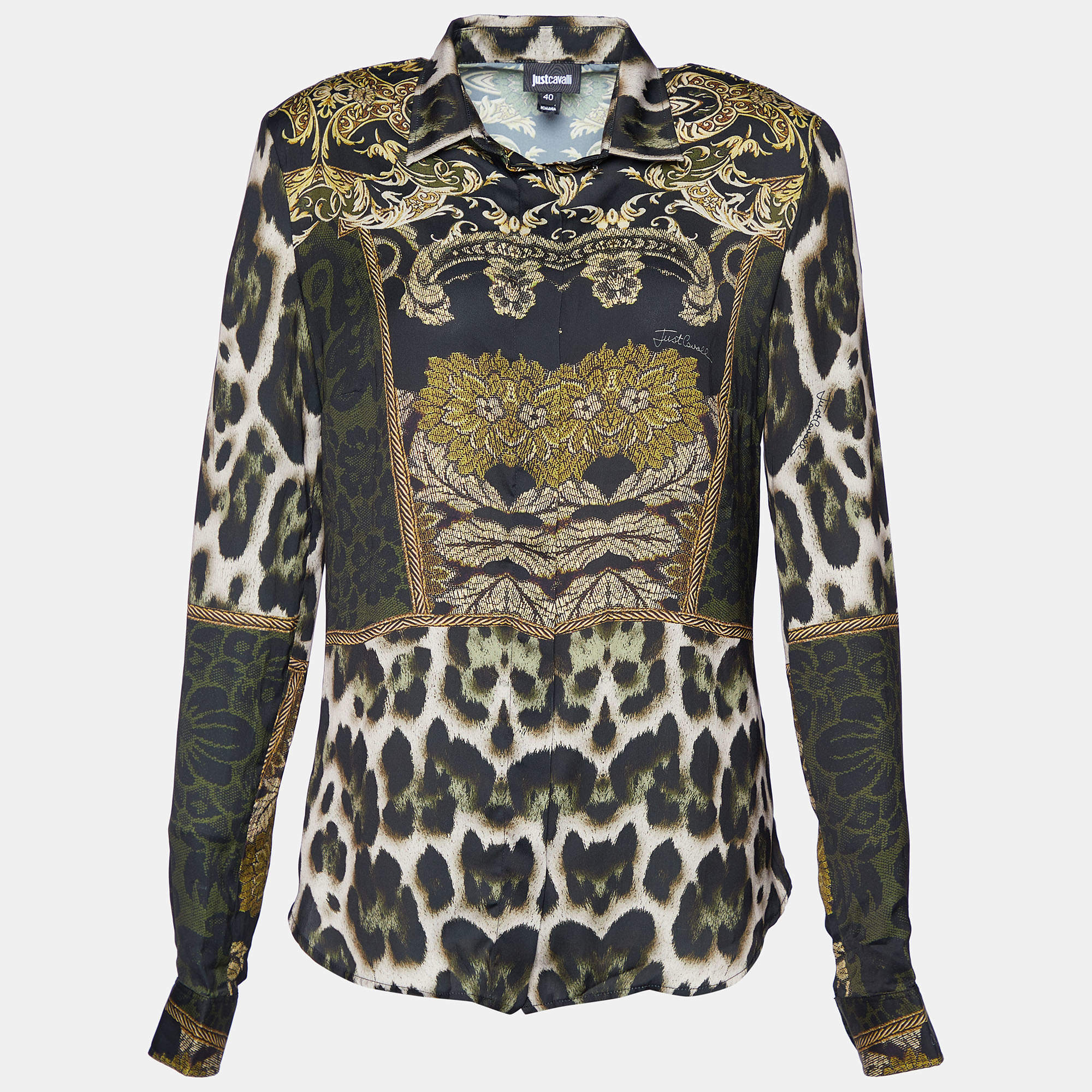 Pre Owned Just Cavalli Black Printed Satin Button Front Shirt M