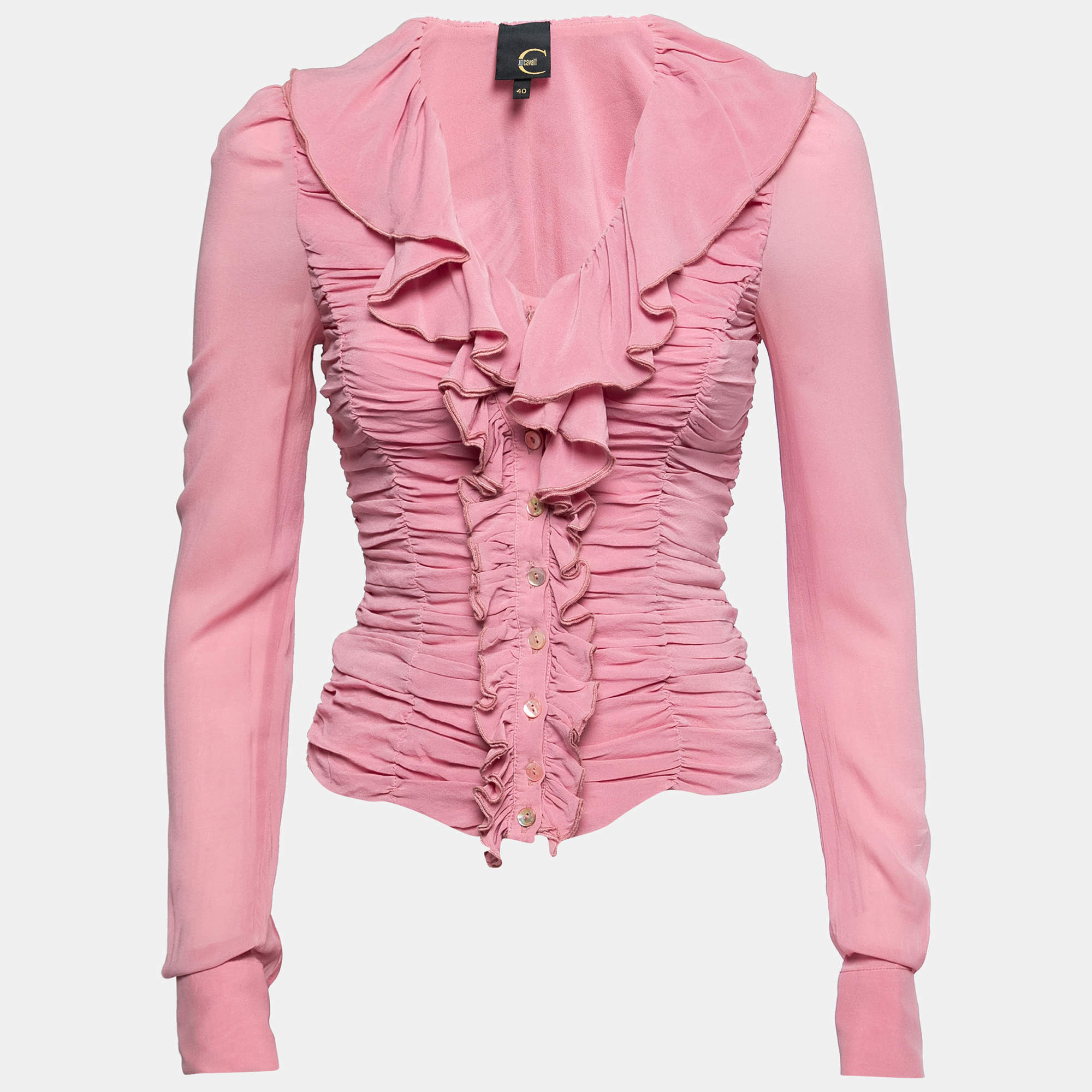 Pre Owned Just Cavalli Pink Chiffon Ruffled Collar Ruched Top S