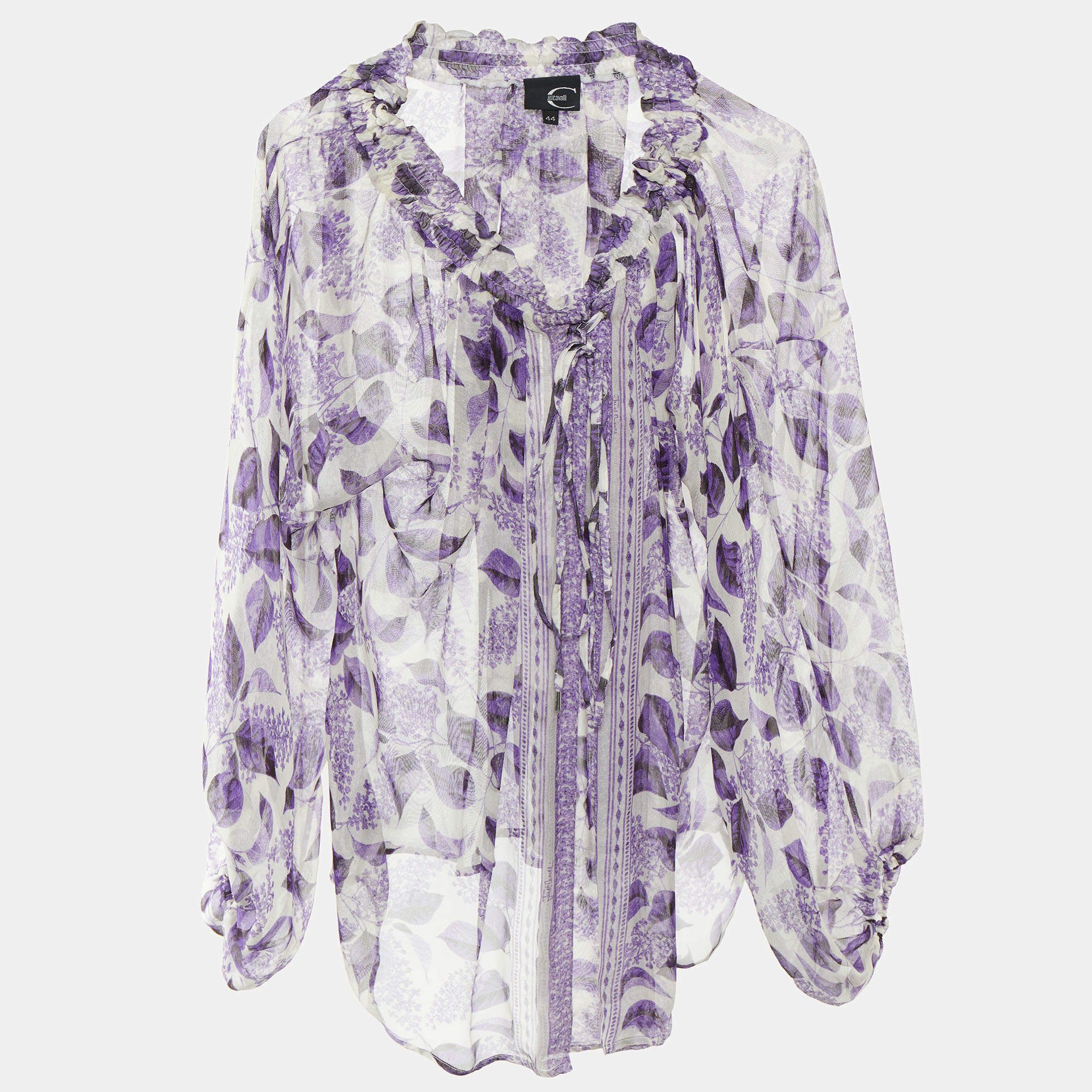 Pre Owned Just Cavalli White & Purple Printed Silk Off Shoulder Tunic M