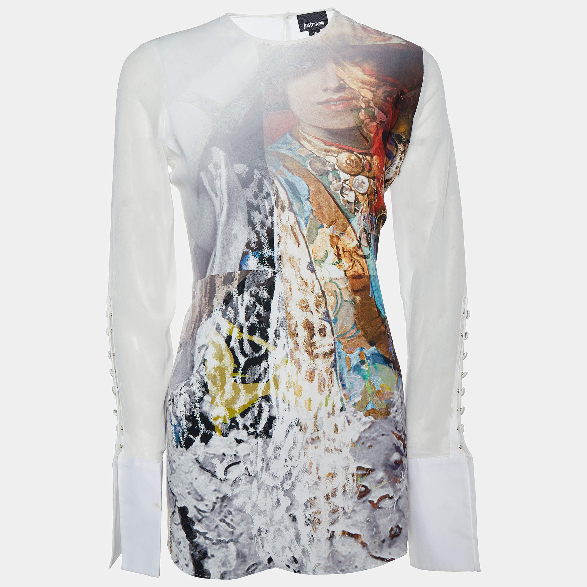 Pre Owned Just Cavalli White Printed Crepe & Chiffon Long Sleeve Top S