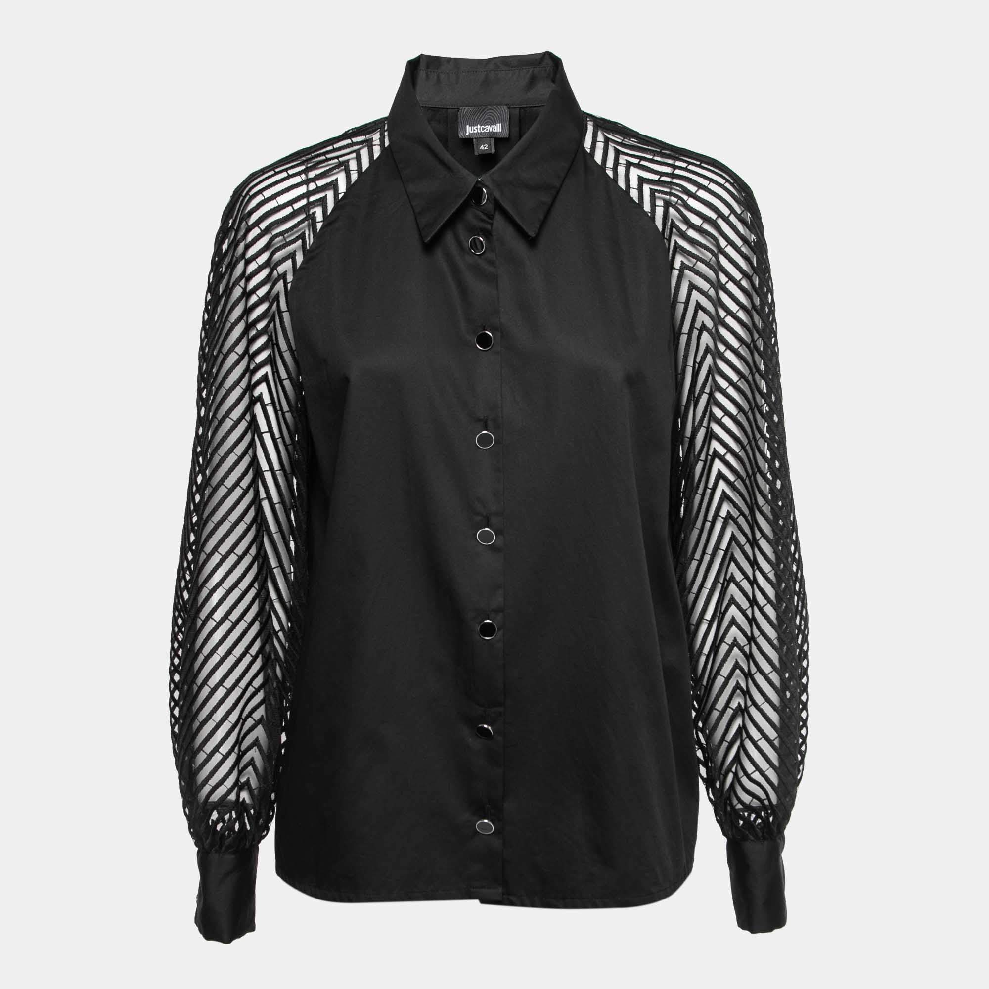 Pre Owned Just Cavalli Black Cotton Mesh Detail Full Sleeve Button Front Shirt M