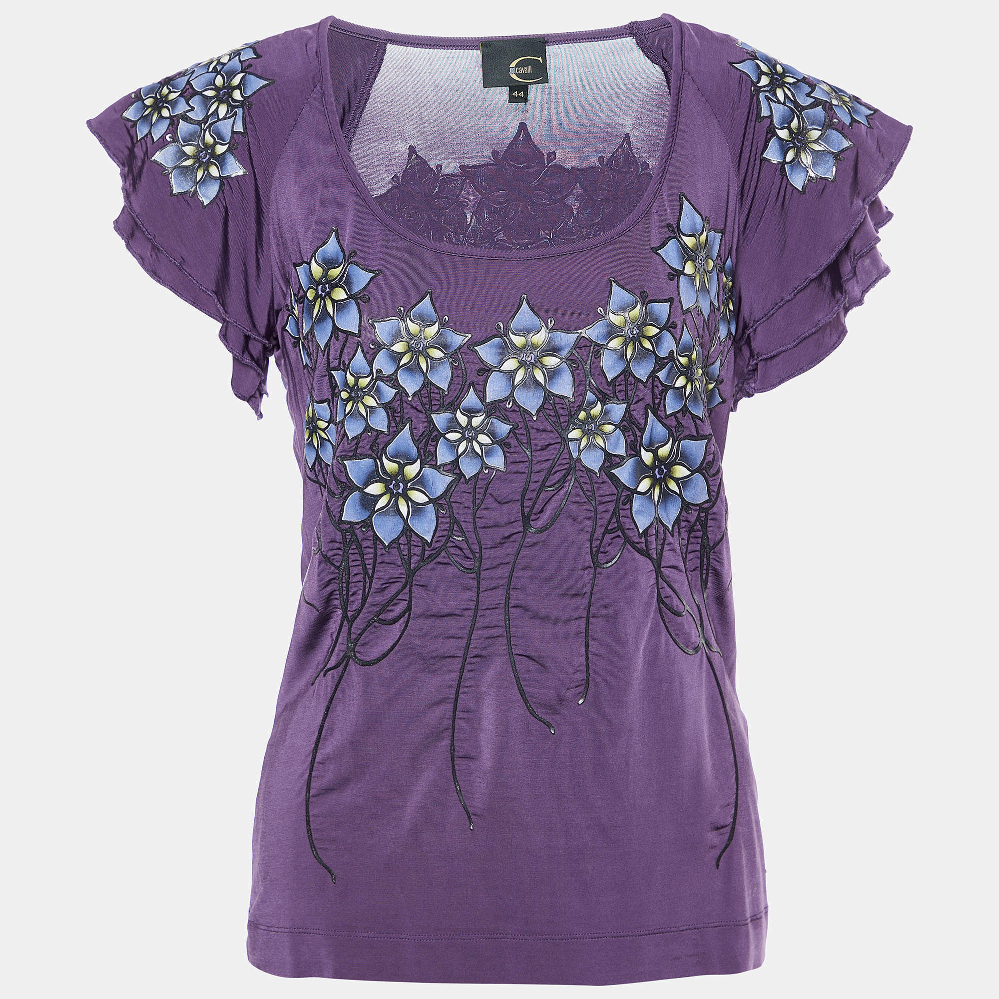 Pre Owned Just cavalli Purple Floral Embossed Jersey Ruffle Sleeve Top M