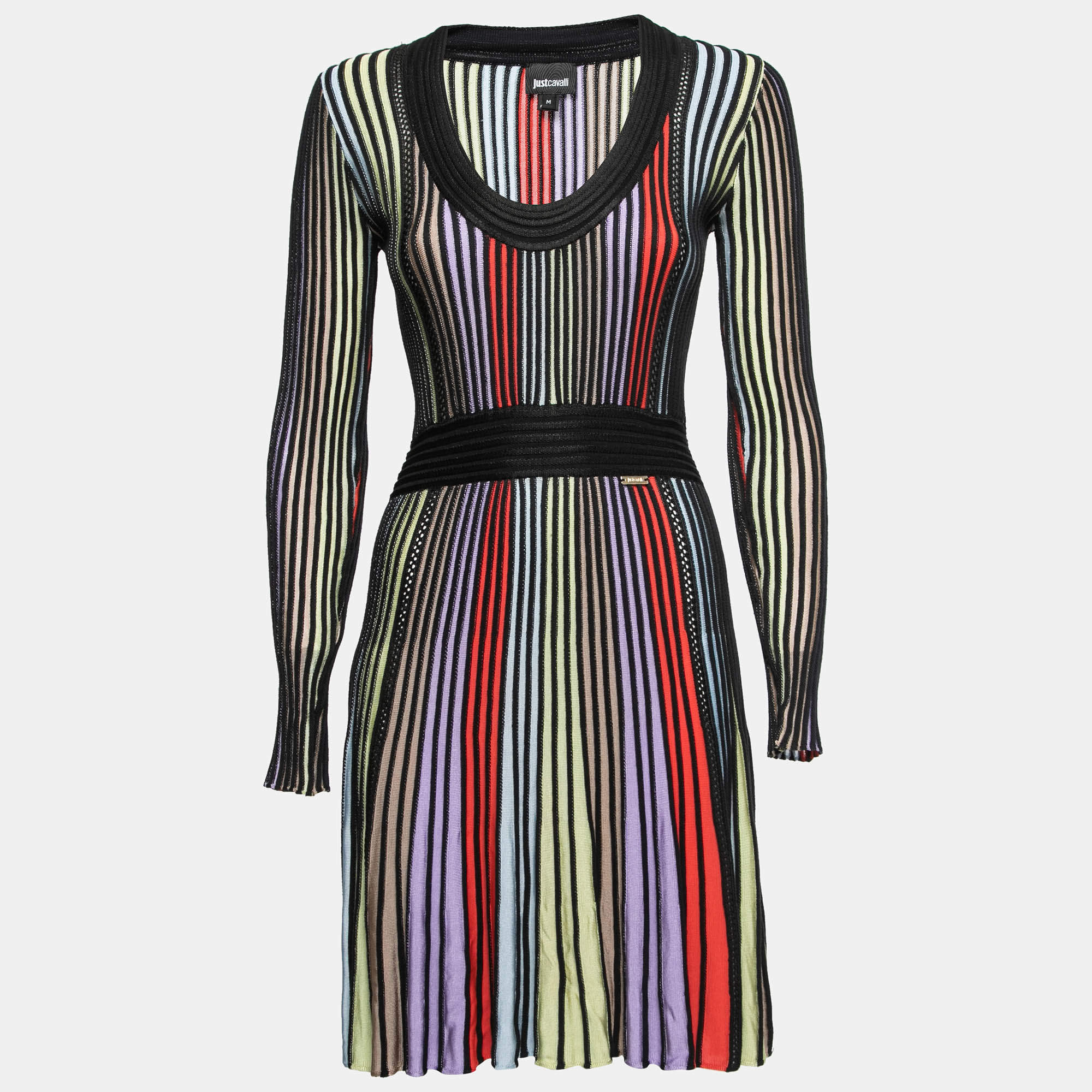 Pre Owned Just Cavalli Multicolor Ribbed Knit Long Sleeve Flared Midi Dress M