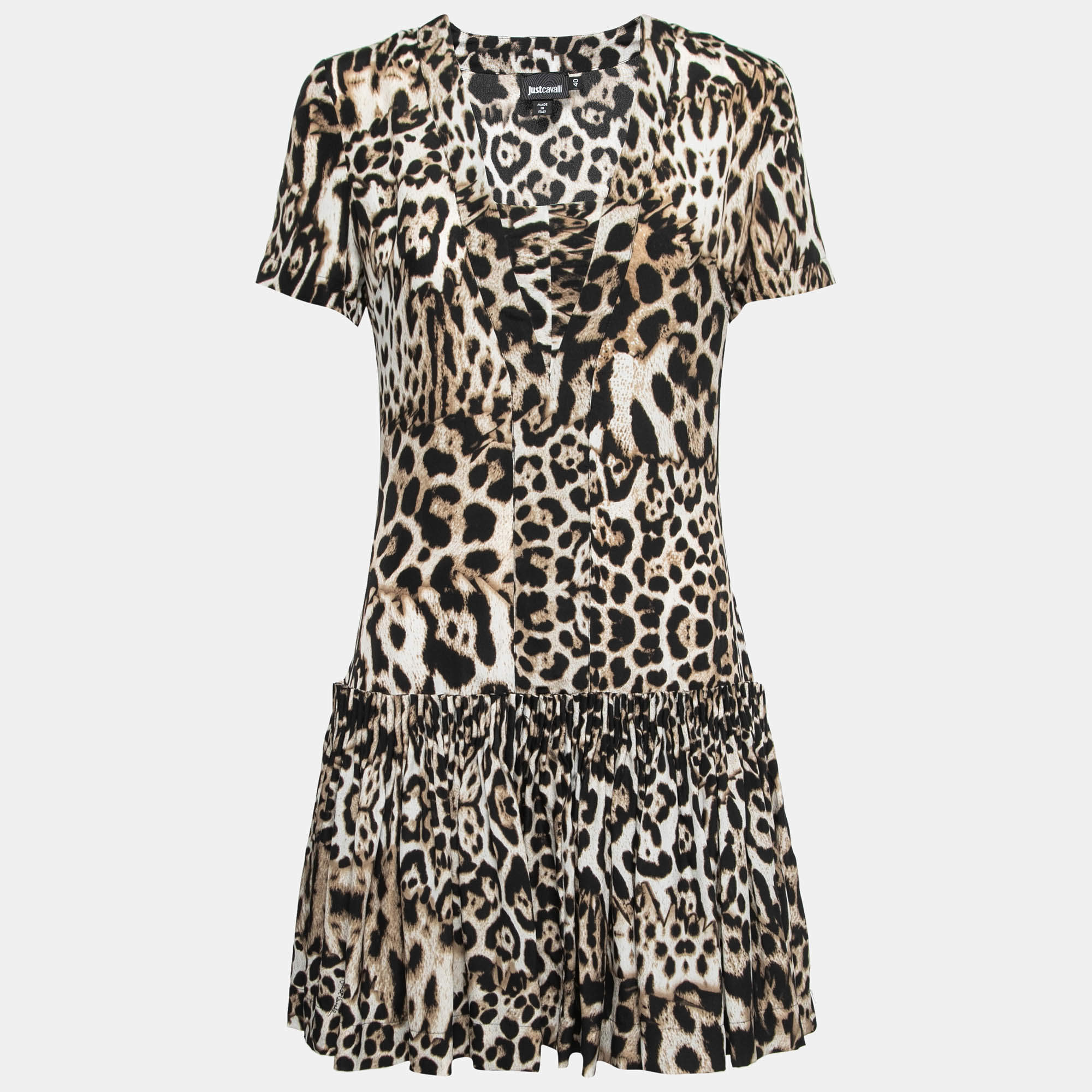 Pre Owned Just Cavalli Black/Brown Animal Printed Crepe Pleated Short Dress S