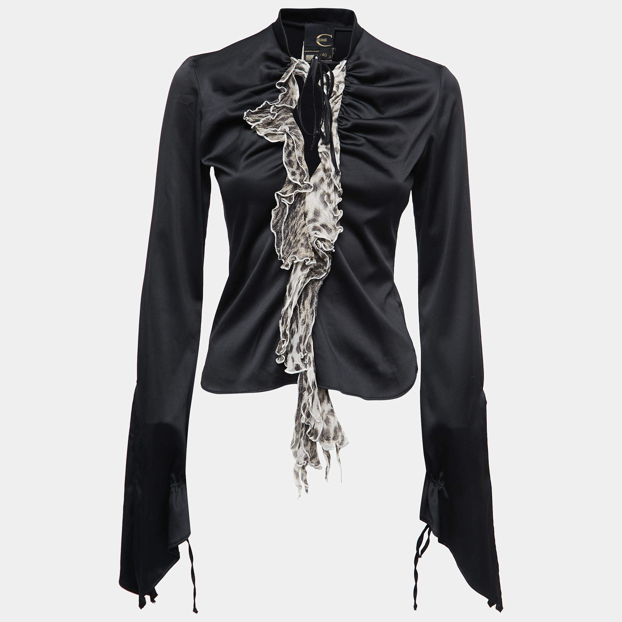 Pre Owned Just Cavalli Black Satin Ruffle Trim Detail Top S