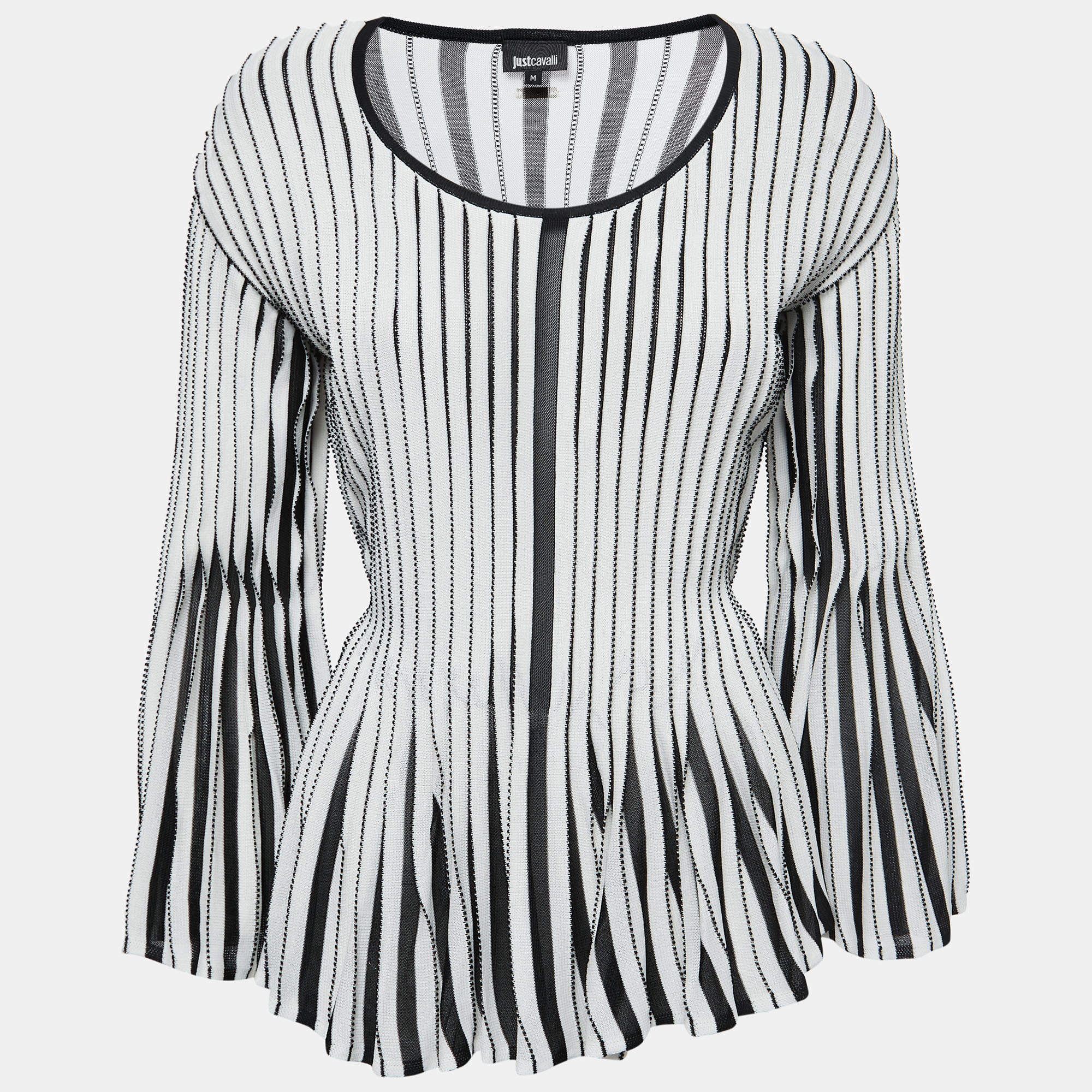 Pre Owned Just Cavalli White Striped Knit Bell Sleeve Back Tie Top M