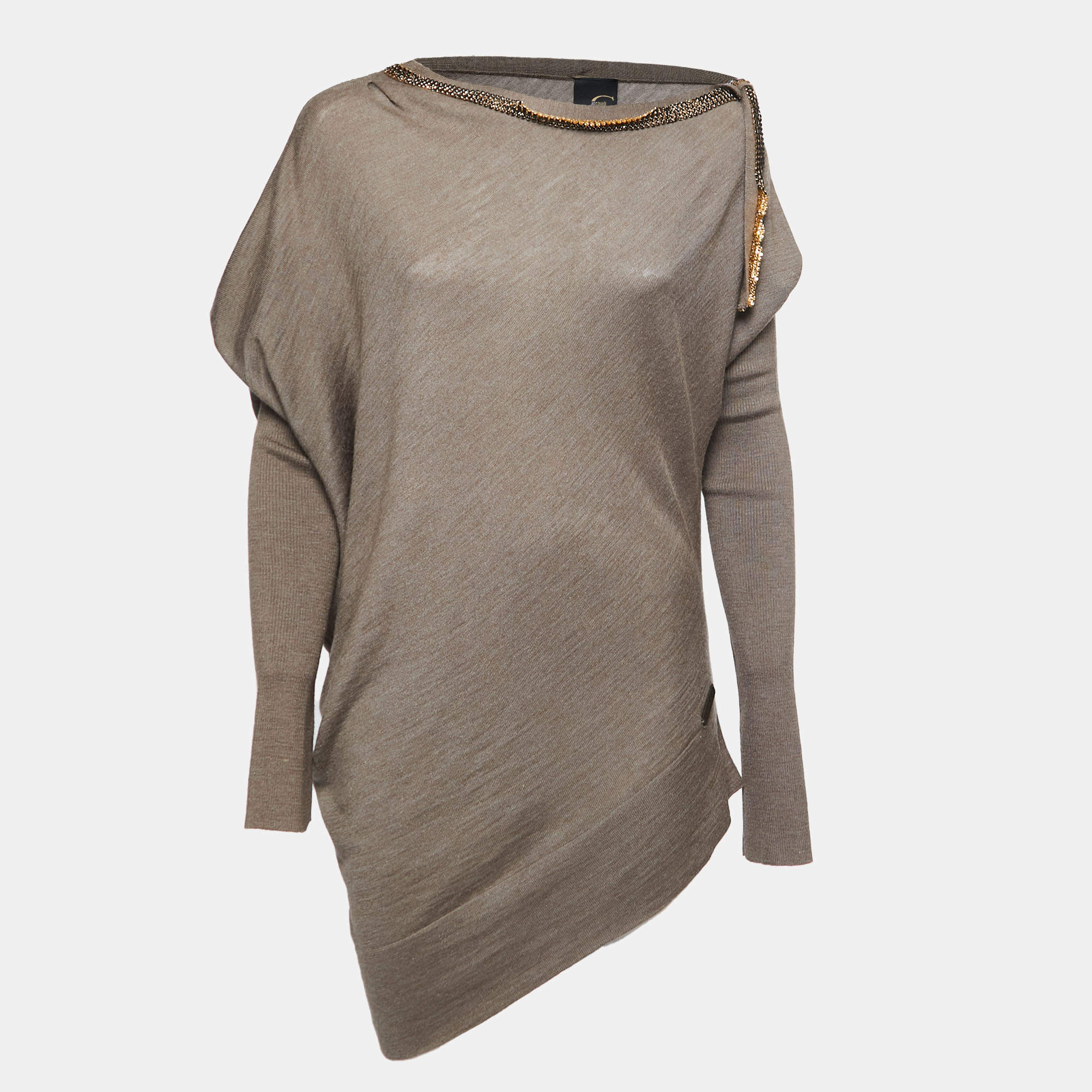 Just Cavalli Light Brown Beaded Detail Knit Asymmetrical Sweater M