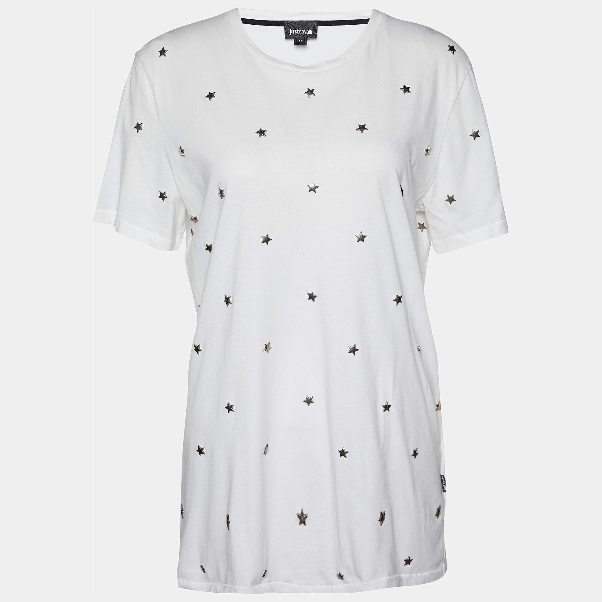 Just Cavalli White Cotton Knit Star Studded T-Shirt M