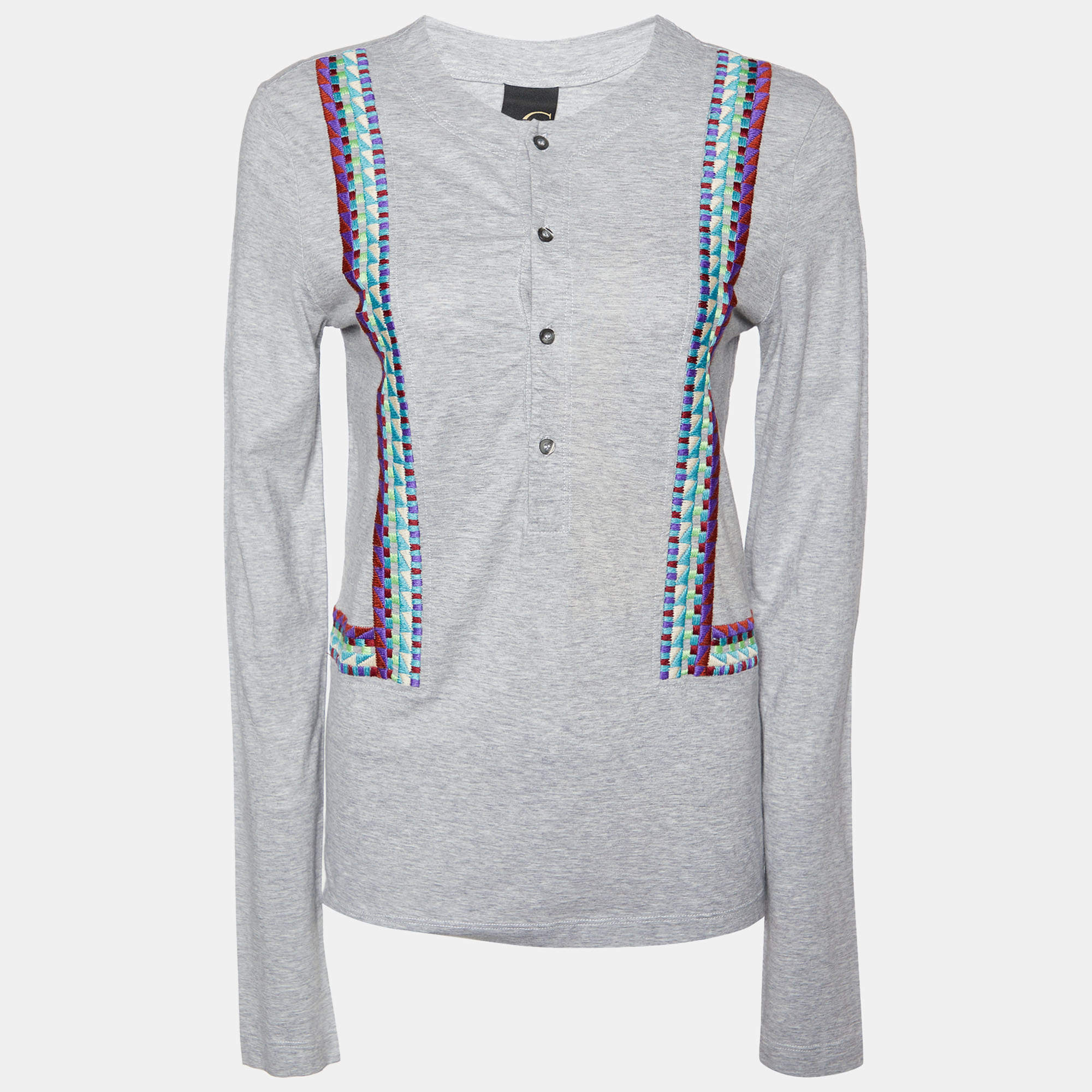 Pre Owned Just Cavalli Grey Embroidered Cotton Knit Button Front Round Neck T-Shirt L