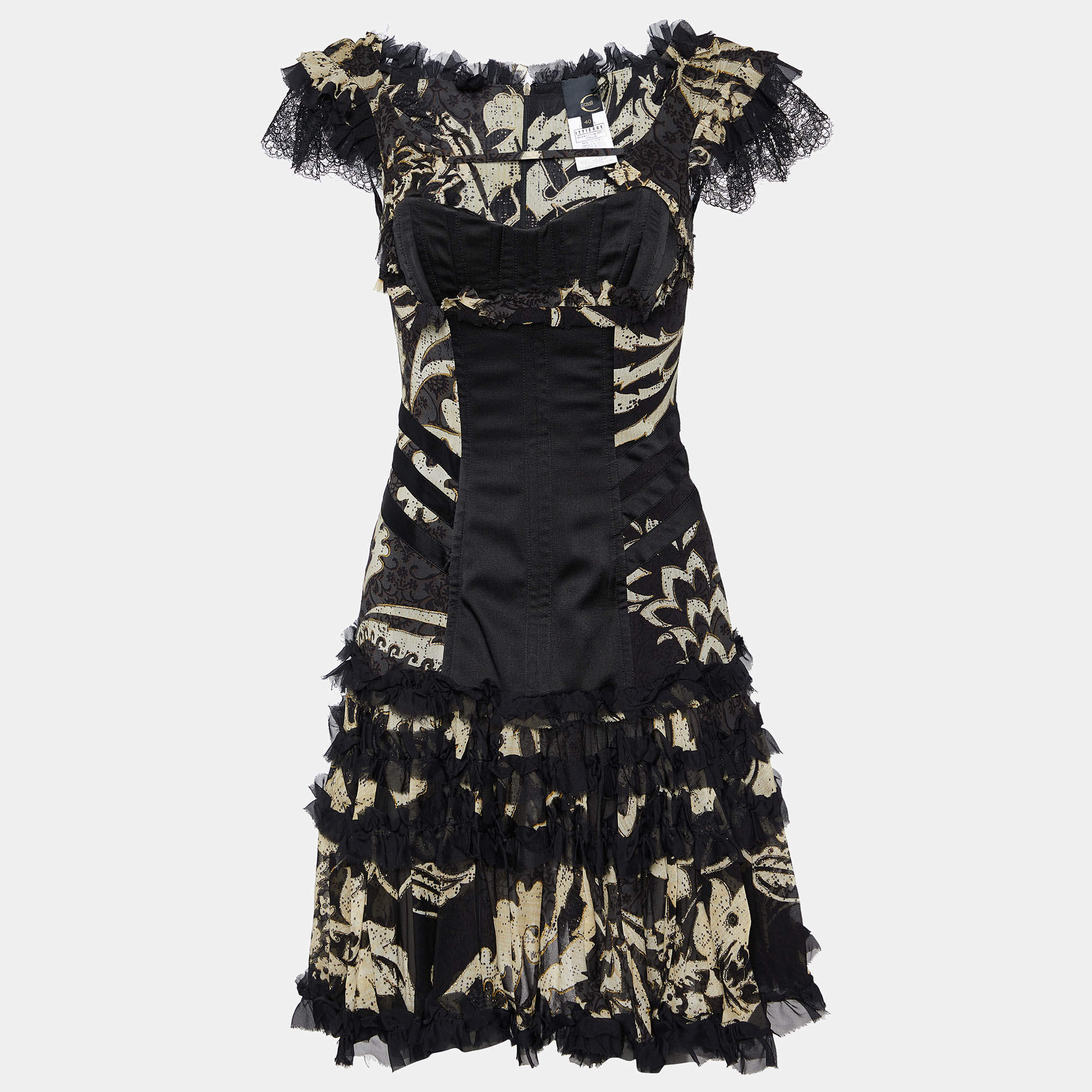 Pre Owned Just Cavalli Black Floral Printed Silk Ruffled Corset Detail Mini Dress S