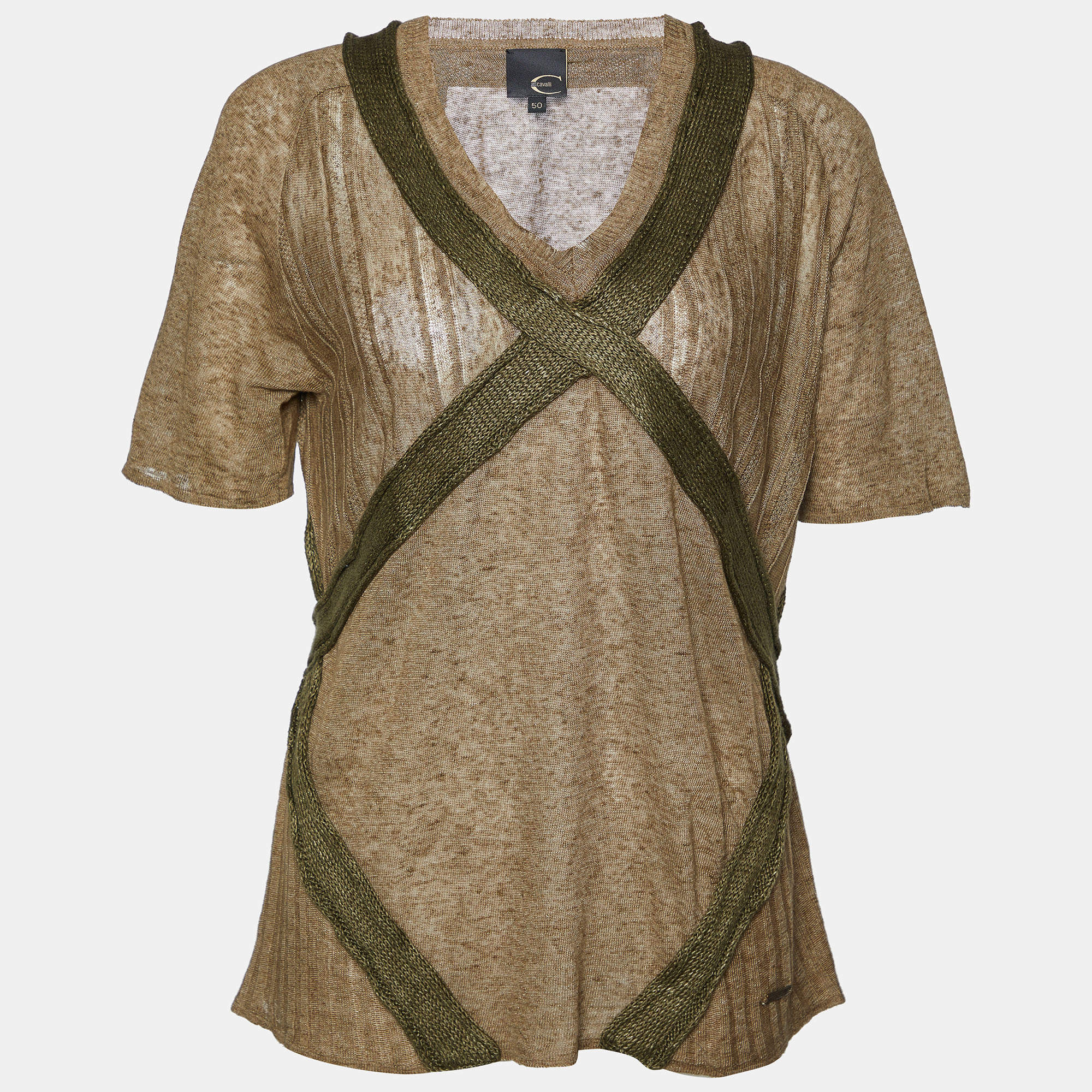 Just Cavalli Brown Linen Knit Contrast Trim Detail T-Shirt XL