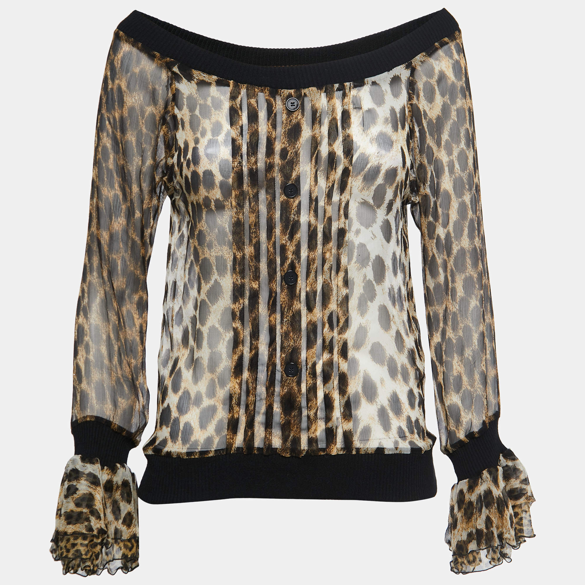 Just Cavalli Black/Brown Animal Printed Silk Off-Shoulder Top M