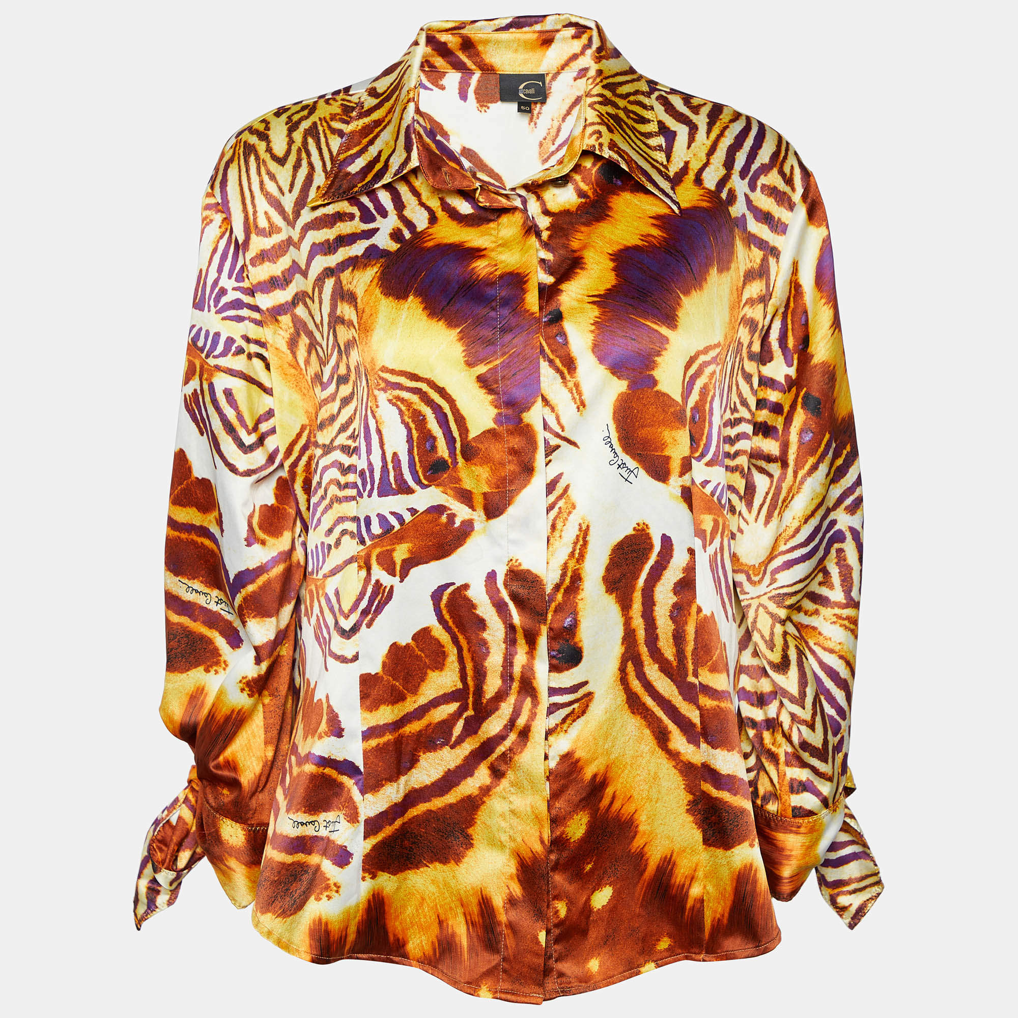 Pre Owned Just Cavalli Multicolor Printed Satin Cuff Tie Detail Shirt XL