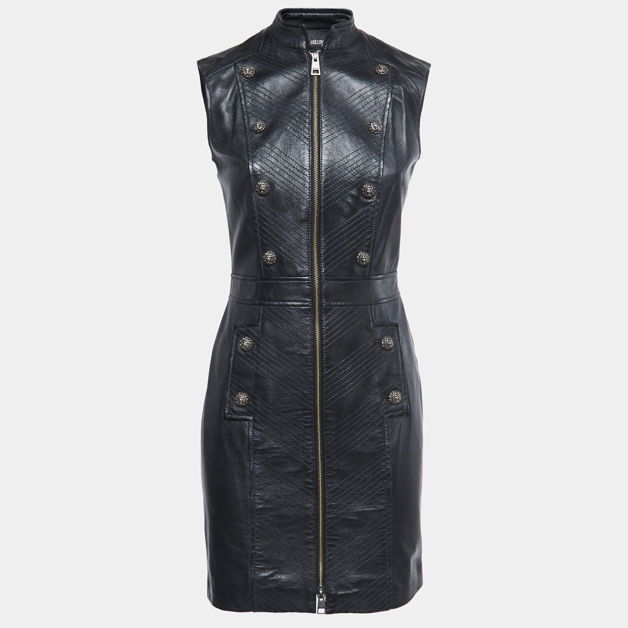 Pre Owned Just Cavalli Black Leather Button Detail Sleeveless Zip Front Short Dress S