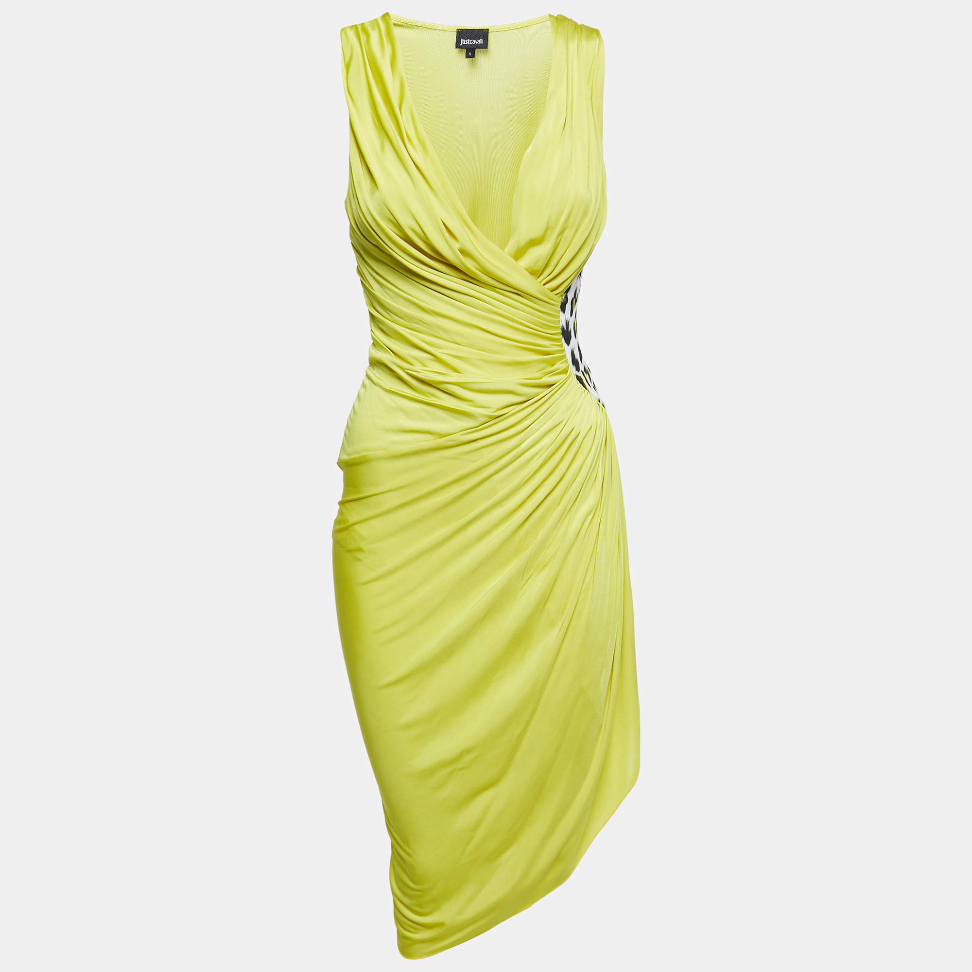 Just Cavalli Yellow Jersey Leopard Print Patch Detail Draped Sleeveless Midi Dress S