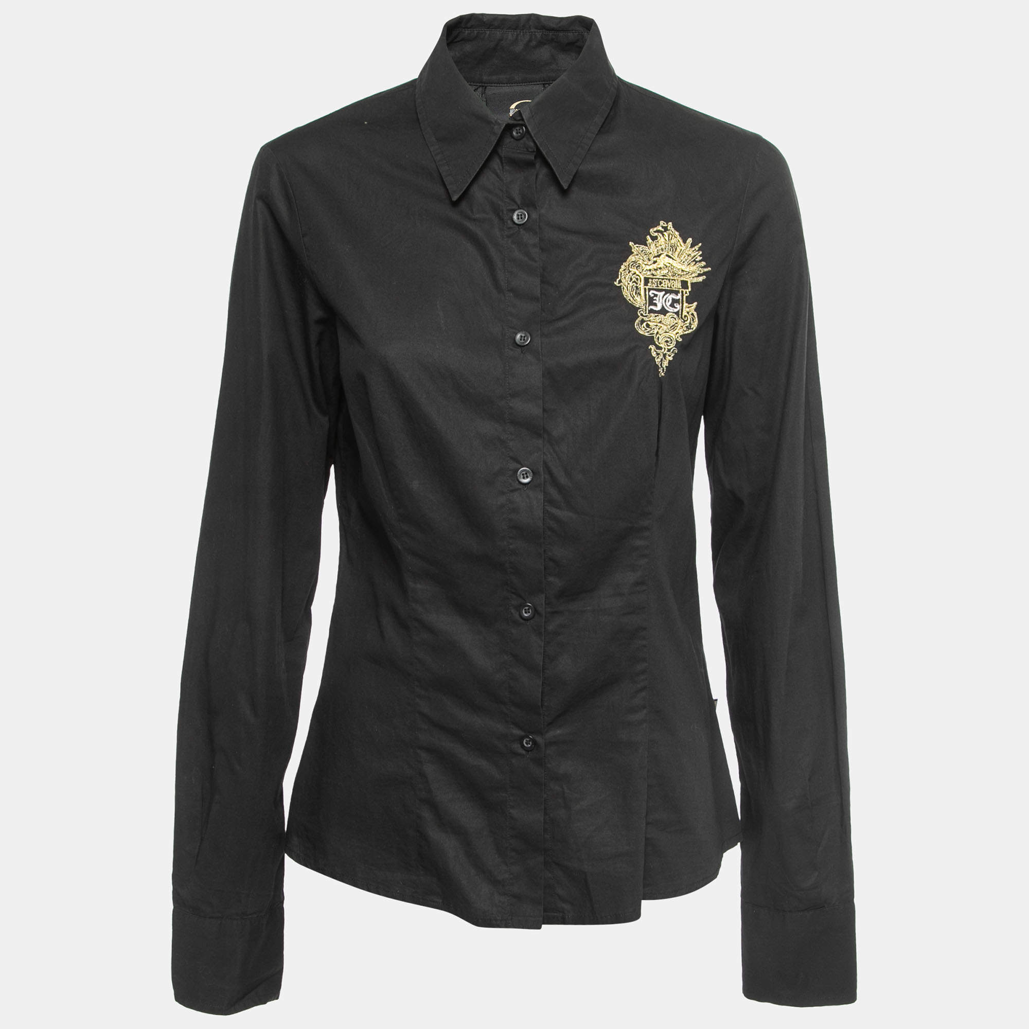 Pre Owned Just Cavalli Black Cotton Logo Crest Embroidered Shirt M