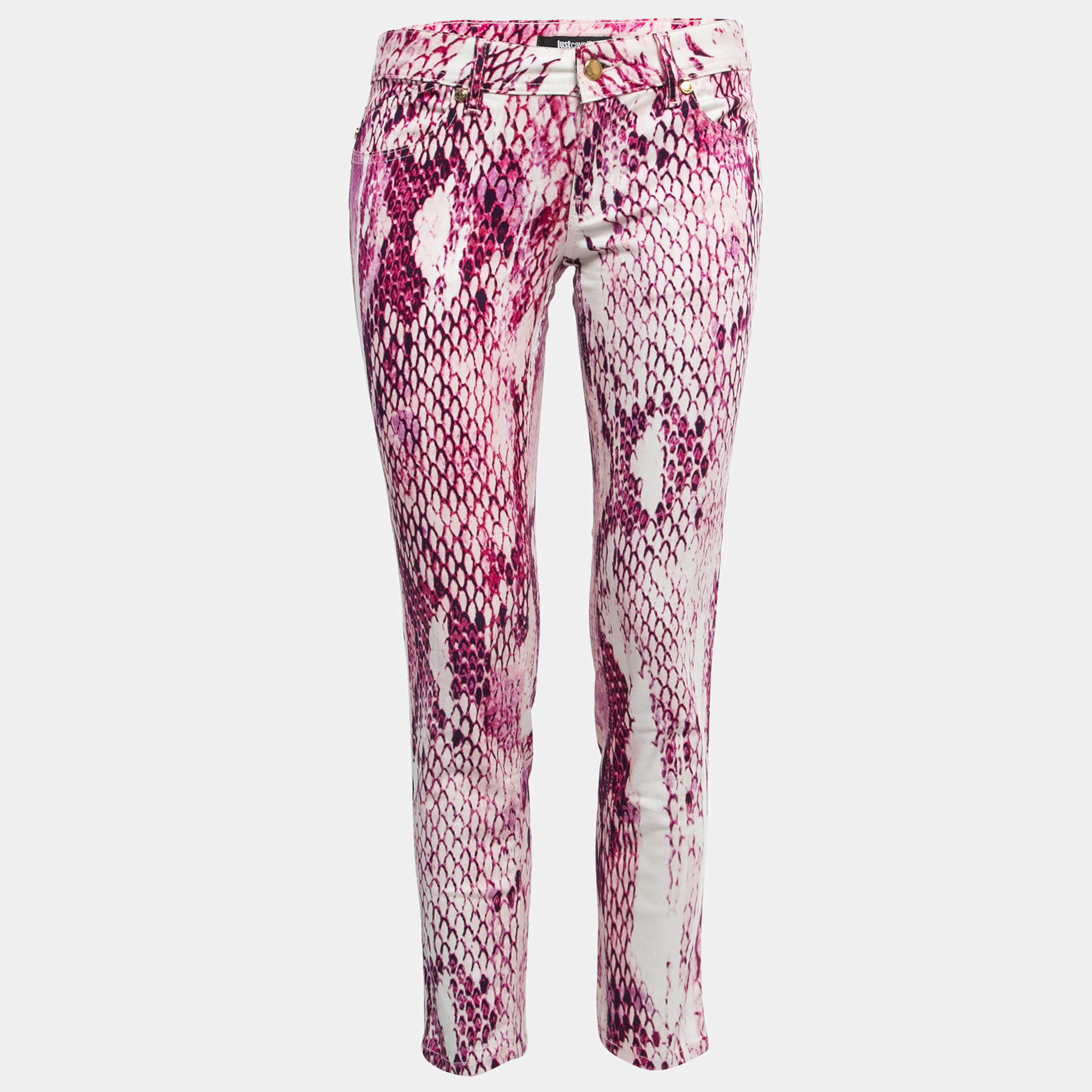 Pre Owned Just Cavalli Pink Snake Printed Denim Skinny Jeans S Waist 26"