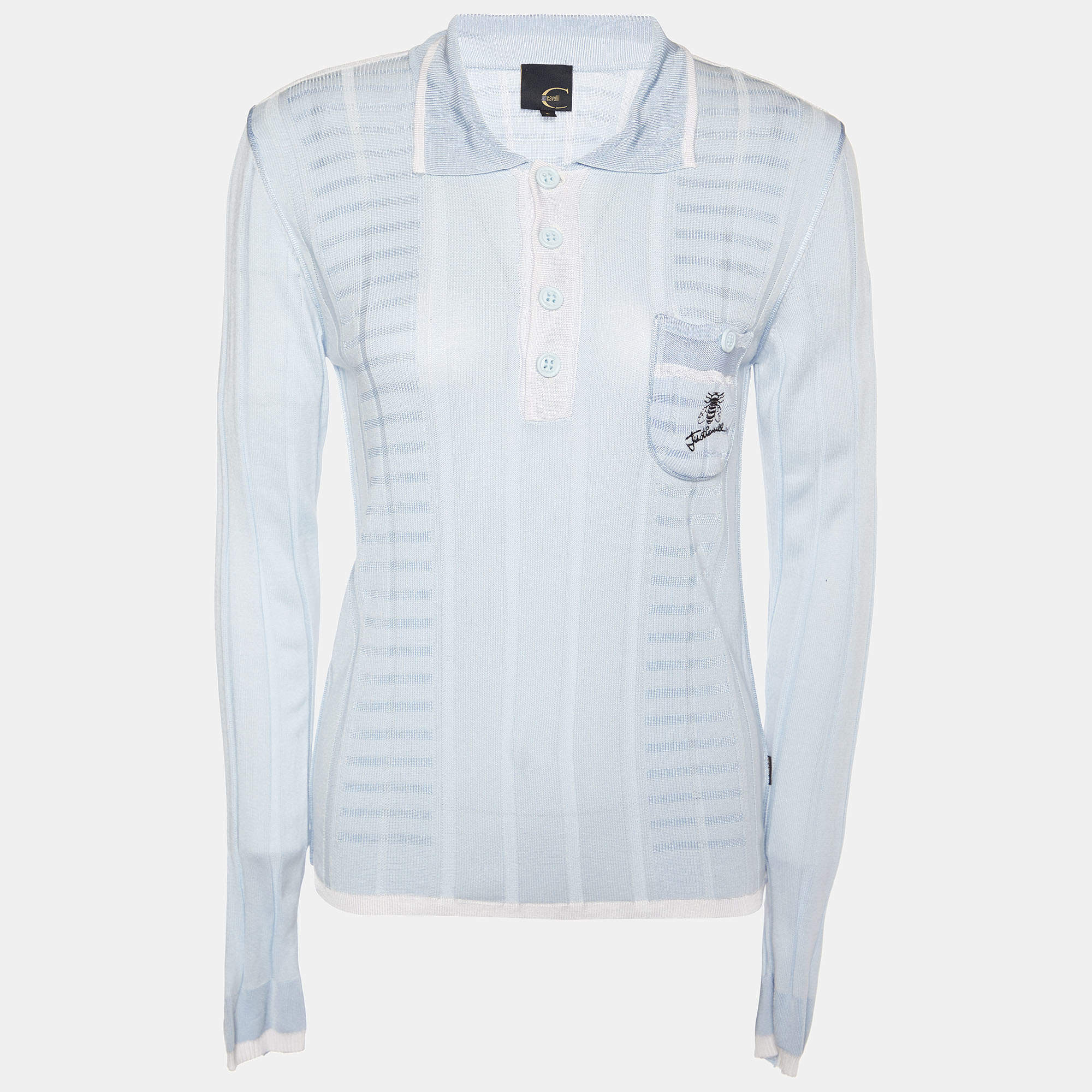 Pre Owned Just Cavalli Blue & White Knit Long Sleeve T-Shirt S