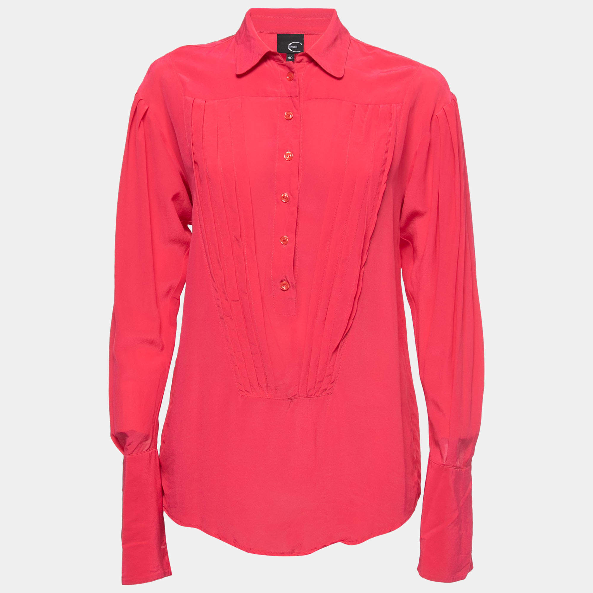Pre Owned Just Cavalli Pink Silk Pleated Front Rolled Cuff Detail Shirt S