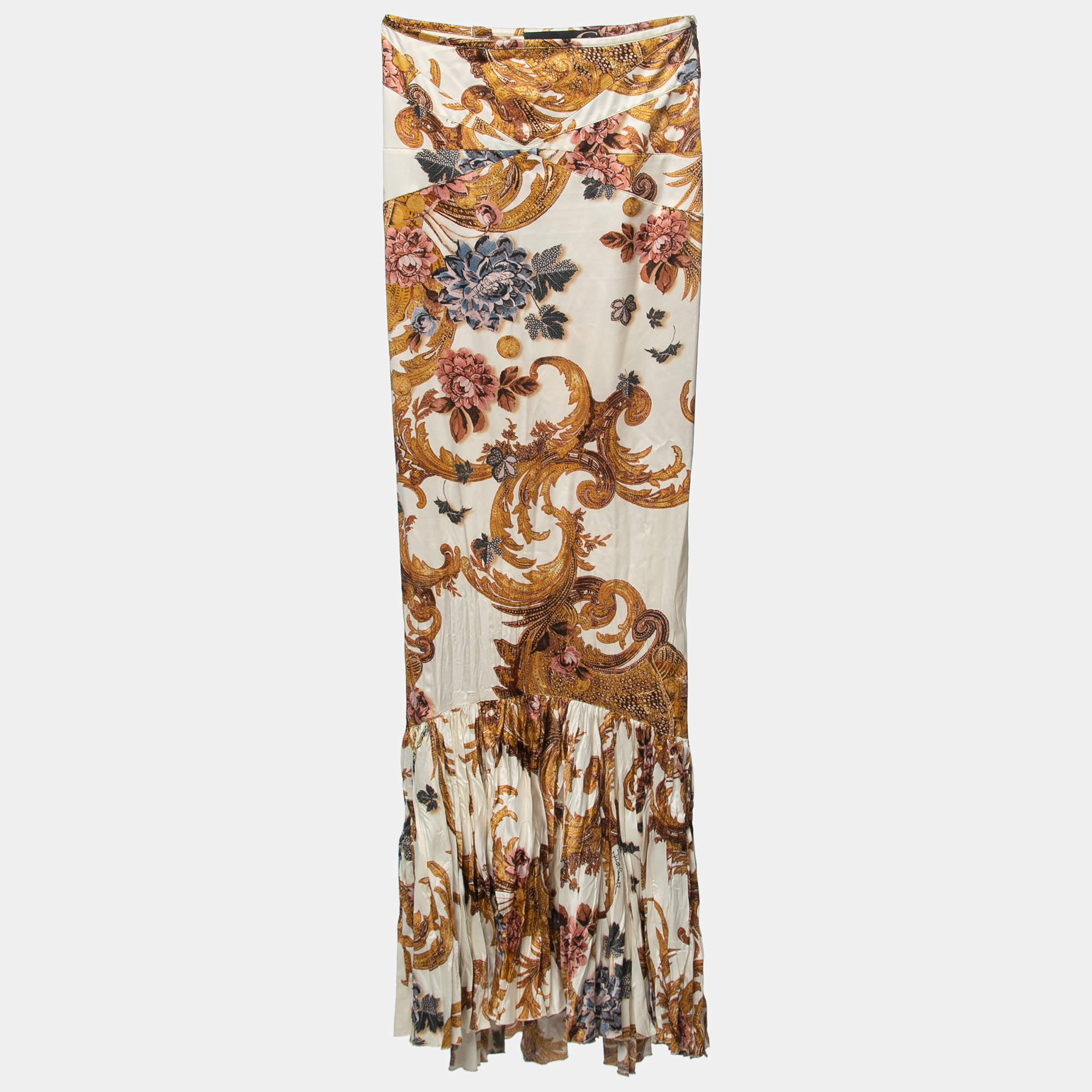 Pre Owned Just Cavalli Cream/Yellow Printed Satin Mermaid Skirt S