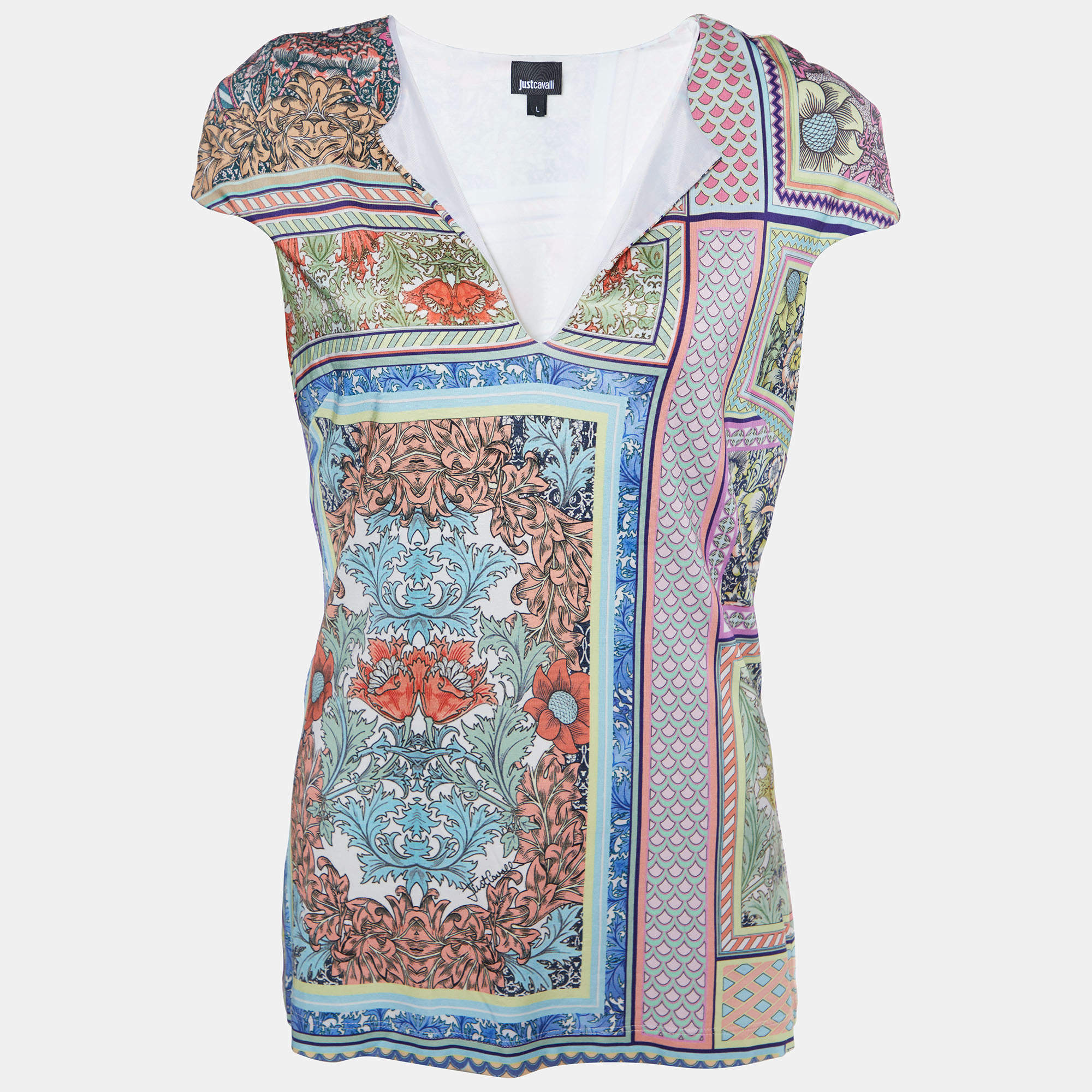 Pre Owned Just Cavalli Multicolor Printed Jersey Sleeveless T-Shirt L