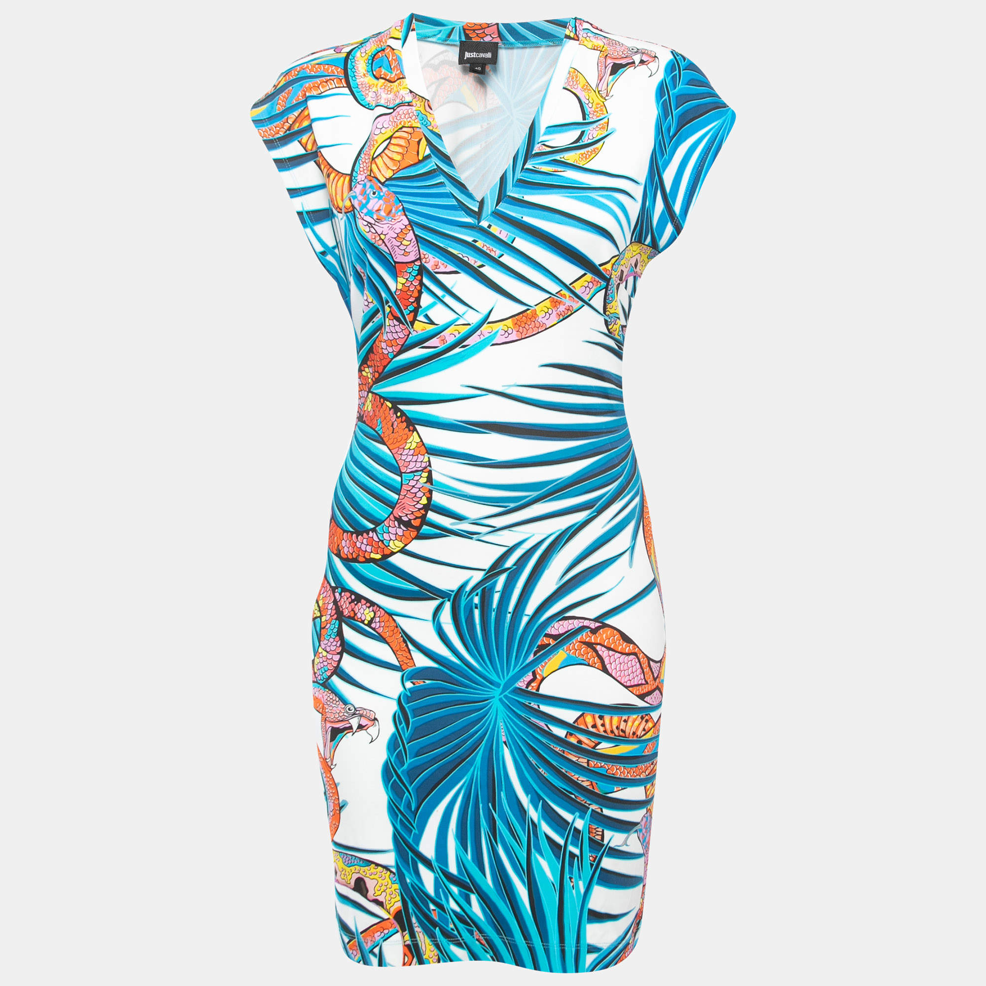 Pre Owned Just Cavalli Multicolor Snake Print Stretch Knit V-Neck Short Shift Dress S