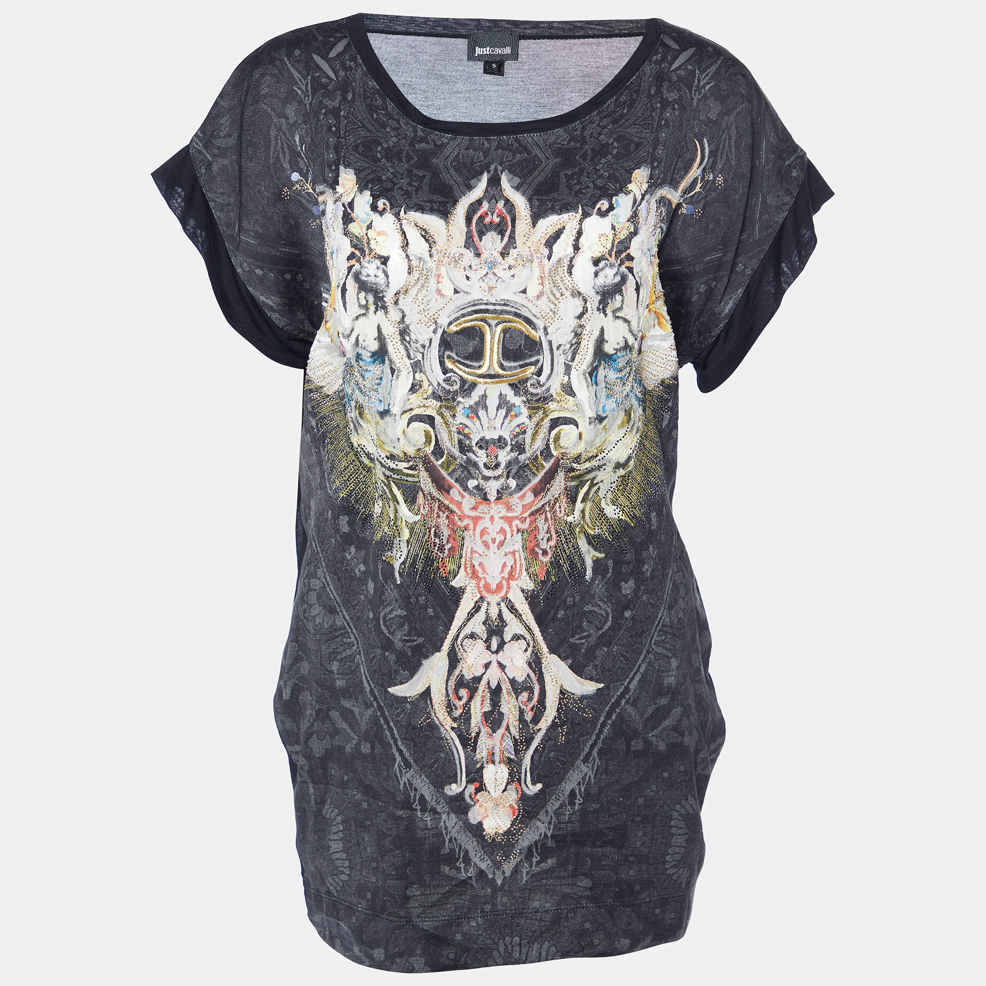 Pre Owned Just Cavalli Black Printed Modal Knit Oversized T-Shirt S