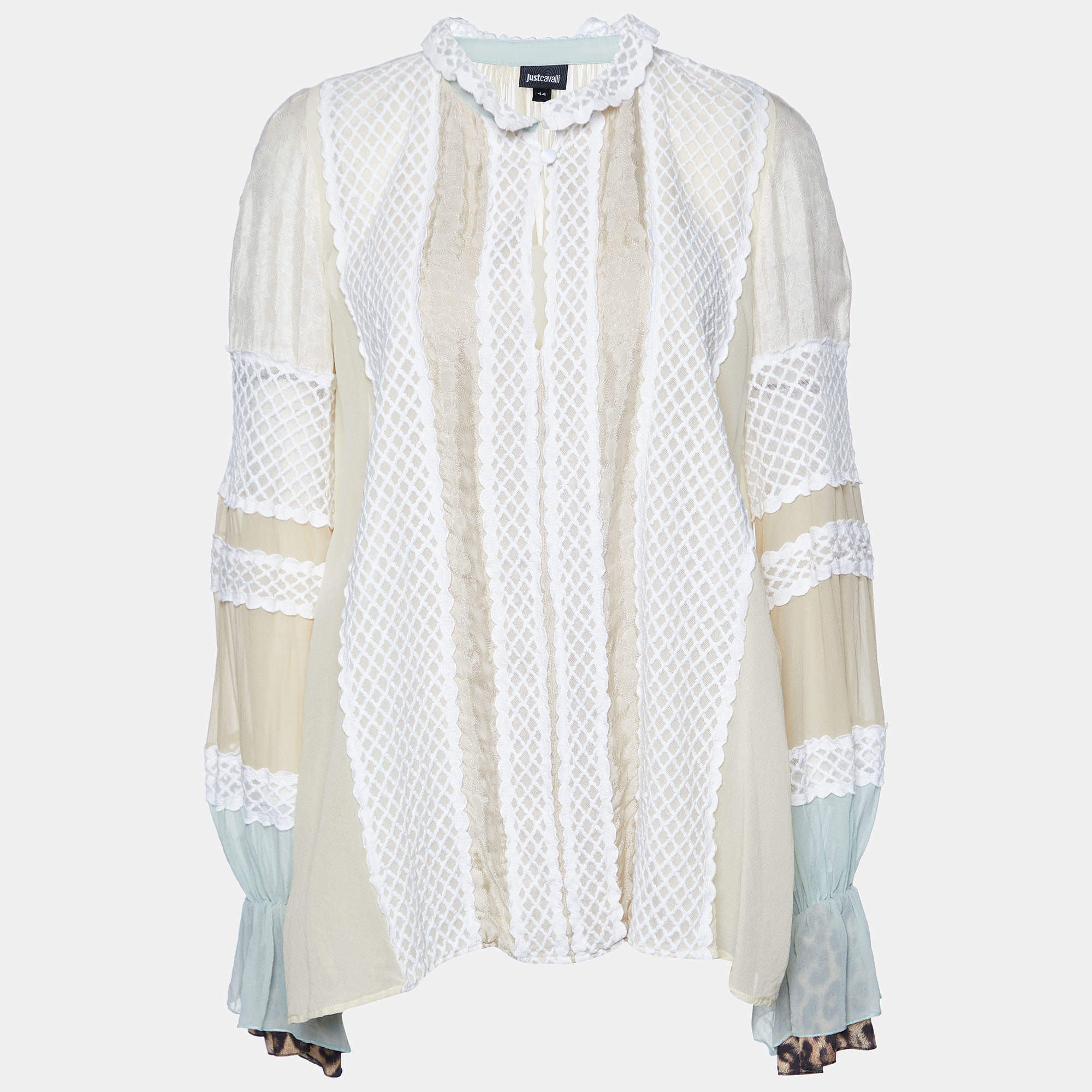 Just Cavalli Cream Silk & Lace Detail Top M