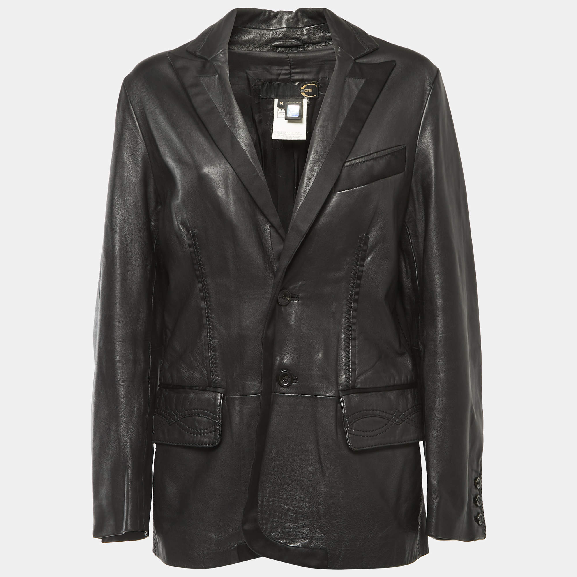 Just Cavalli Black Leather Single Breasted Jacket M