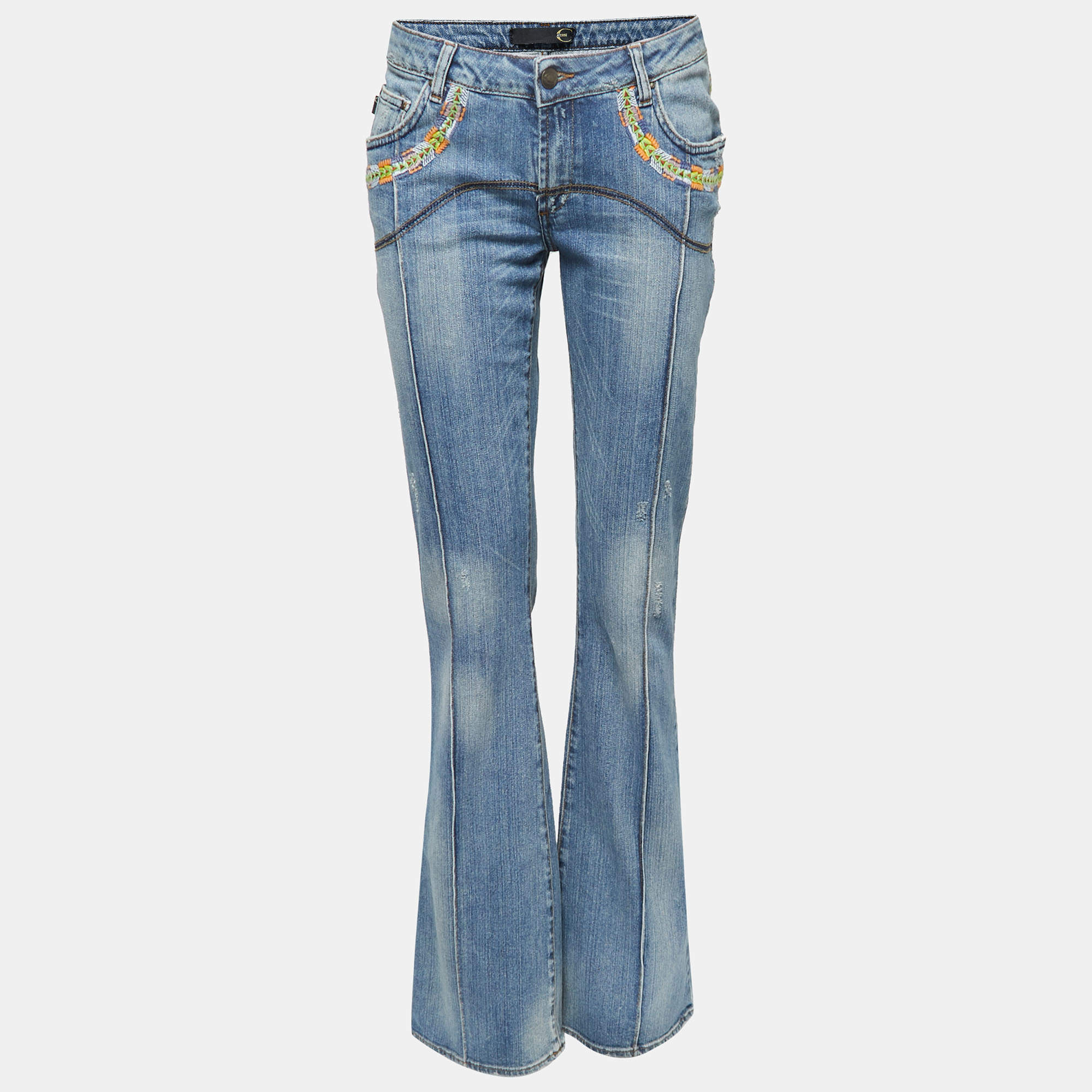 Pre Owned Just Cavalli Blue Embroidered Denim High Rise Flared Jeans M Waist 29"