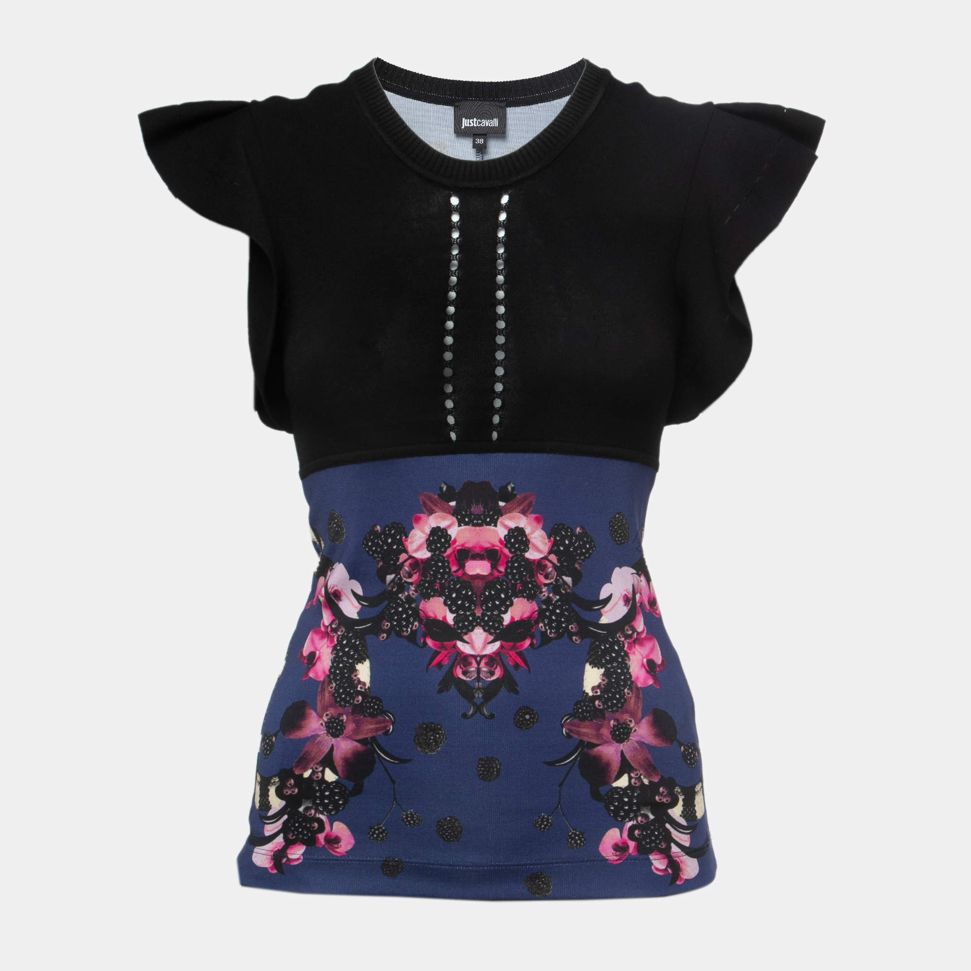 Pre Owned Just Cavalli Black/Blue Floral Printed Knit Top S