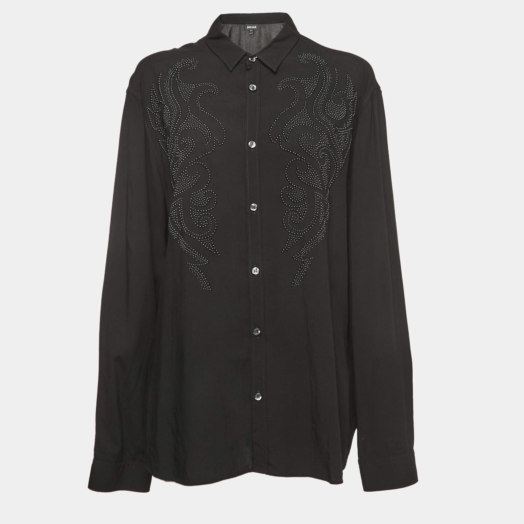 Pre Owned Just Cavalli Black Embellished Crepe Button Front Full Sleeve Shirt XXL