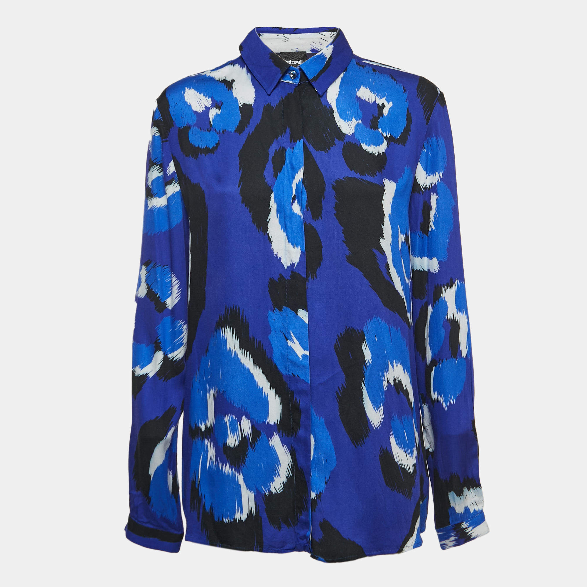 Pre Owned Just Cavalli Blue Abstract Print Crepe Button Front Full Sleeve Shirt M