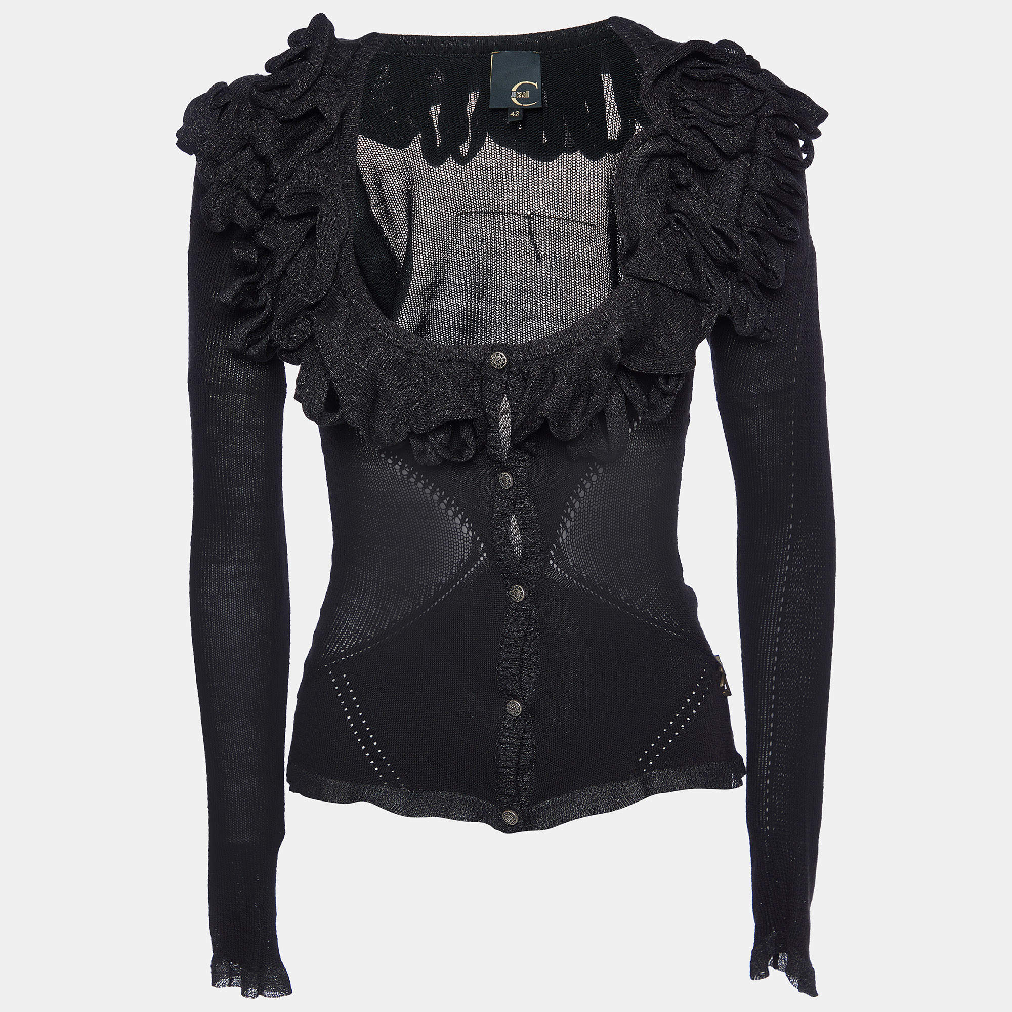 Just Cavalli Black Lurex Wool Knit Ruffled Cardigan M