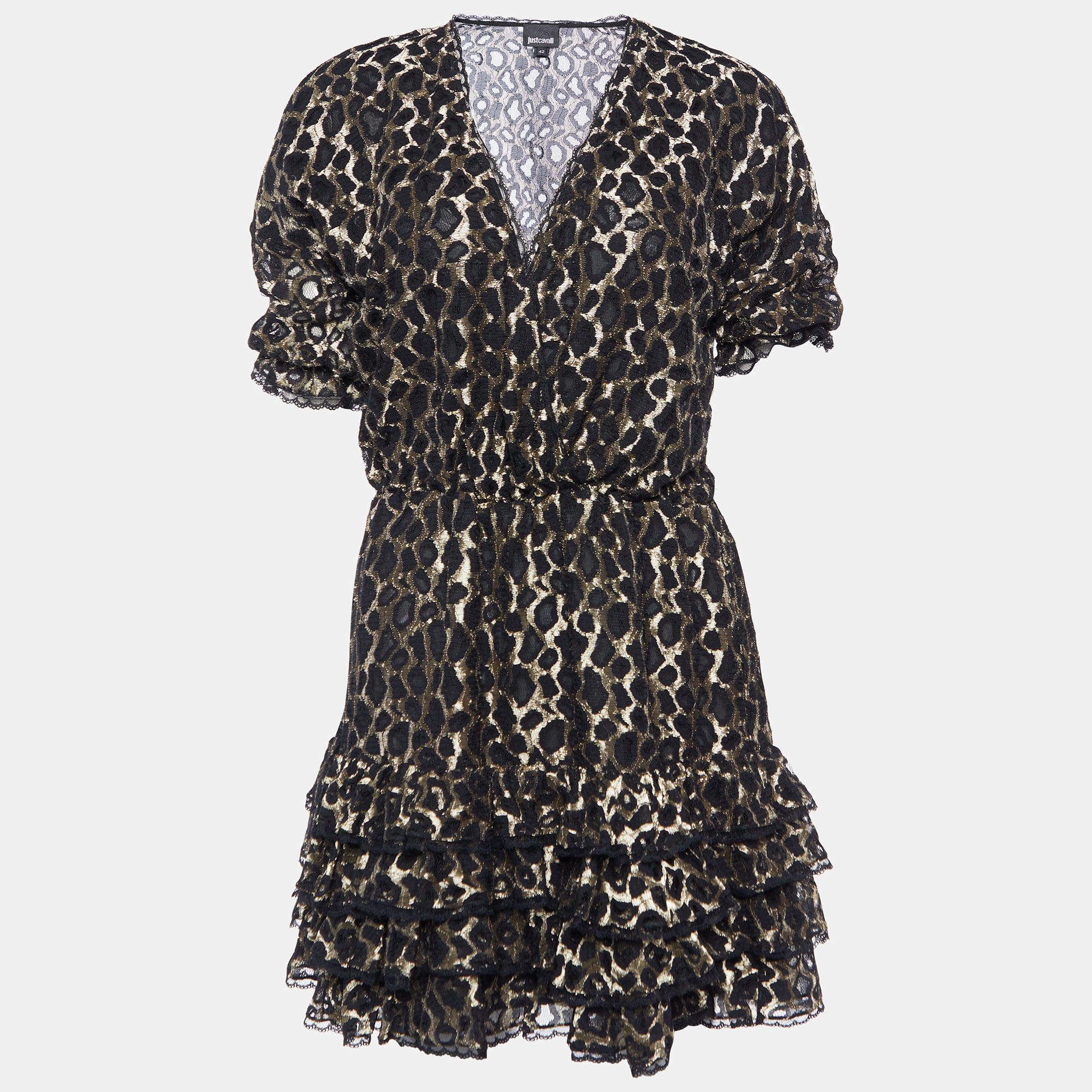 Pre Owned Just Cavalli Black Leopard Lace Ruffle Dress M