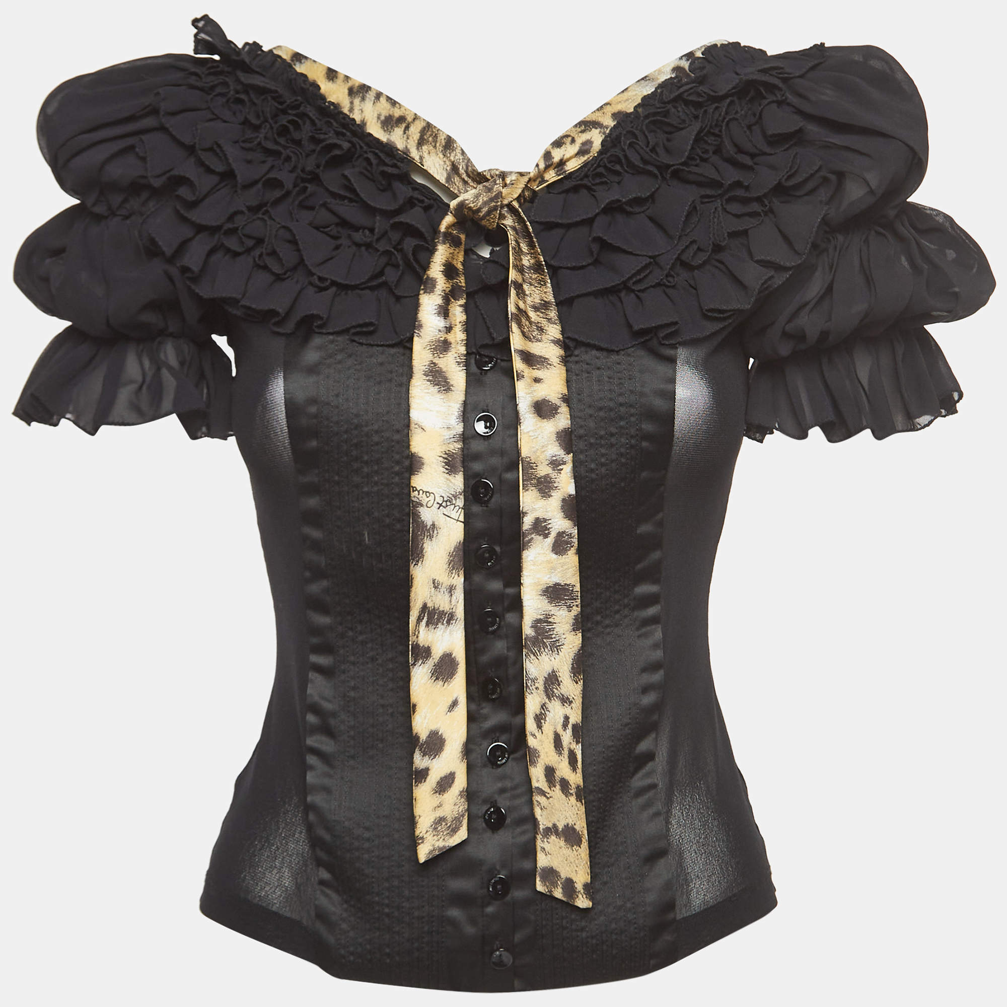 Pre Owned Just Cavalli Black Silk & Satin Ruffled Tie Neck Blouse S