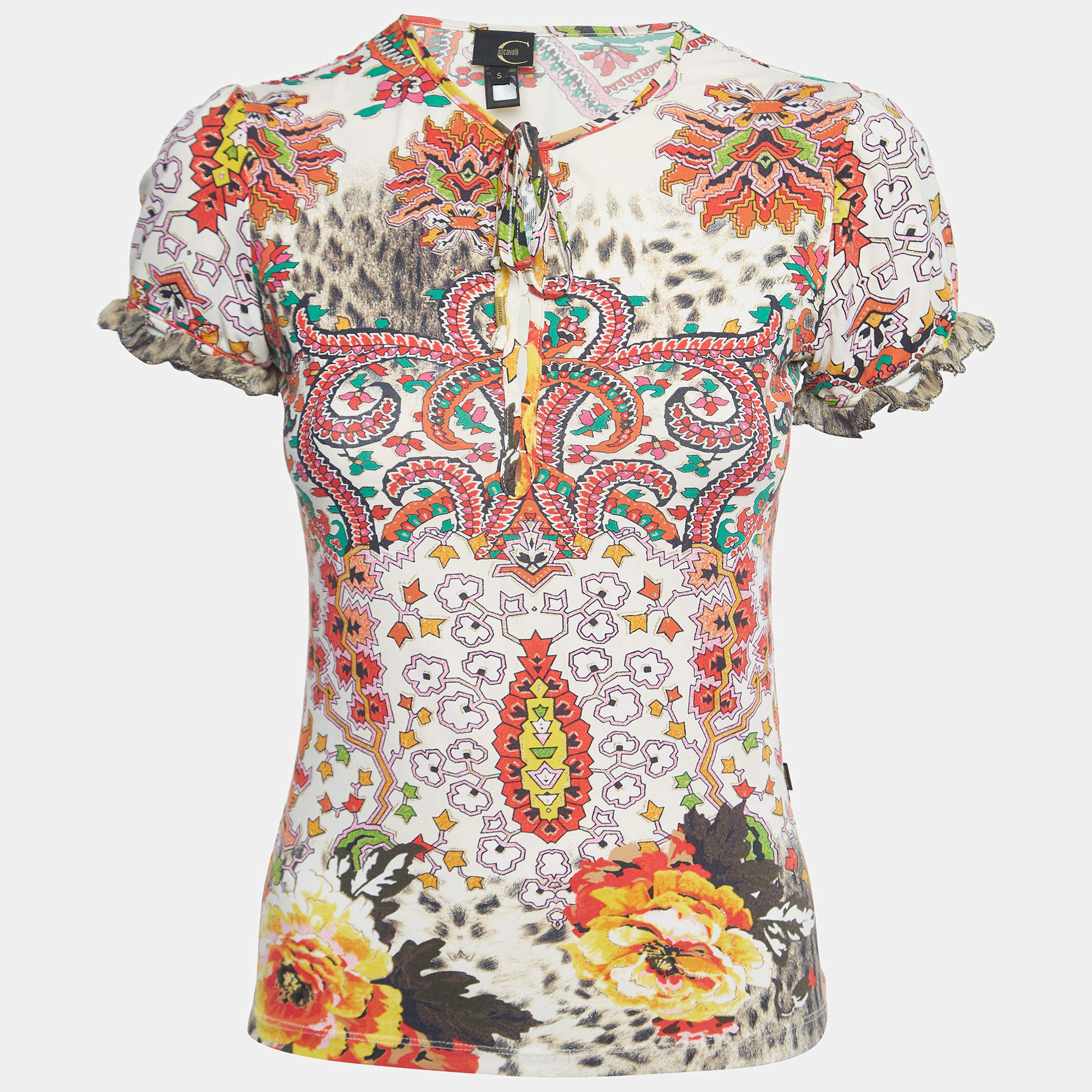 Pre Owned Just Cavalli Multicolor Print Knit Frilled Sleeve Detail T-Shirt S