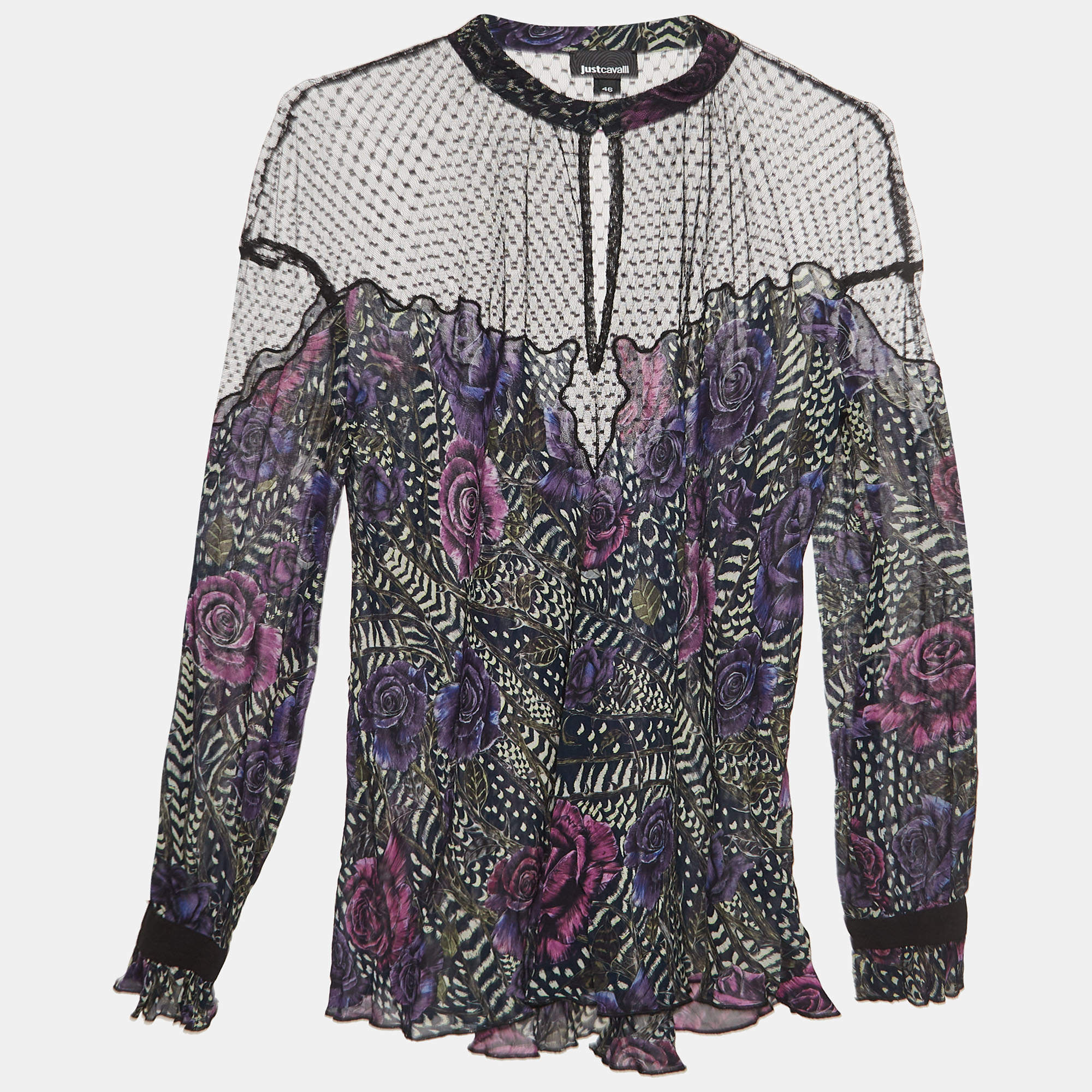 Pre Owned Just Cavalli Purple/Black Floral Print Crepe and Tulle Long Sleeves Top L