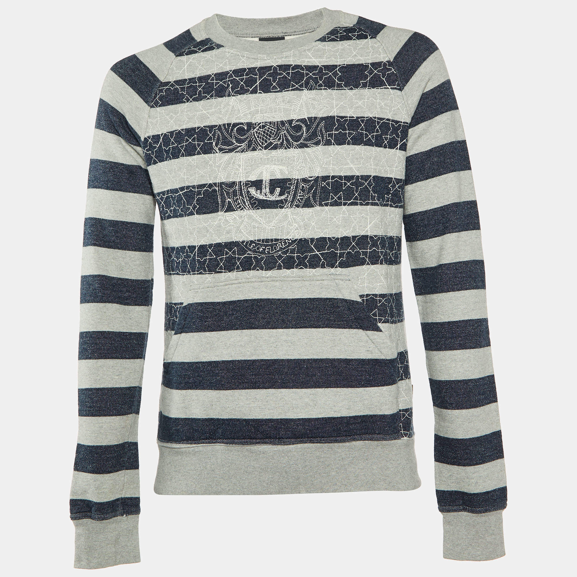 Pre Owned Just Cavalli Grey Striped Cotton Logo Embroidered Sweatshirt XL