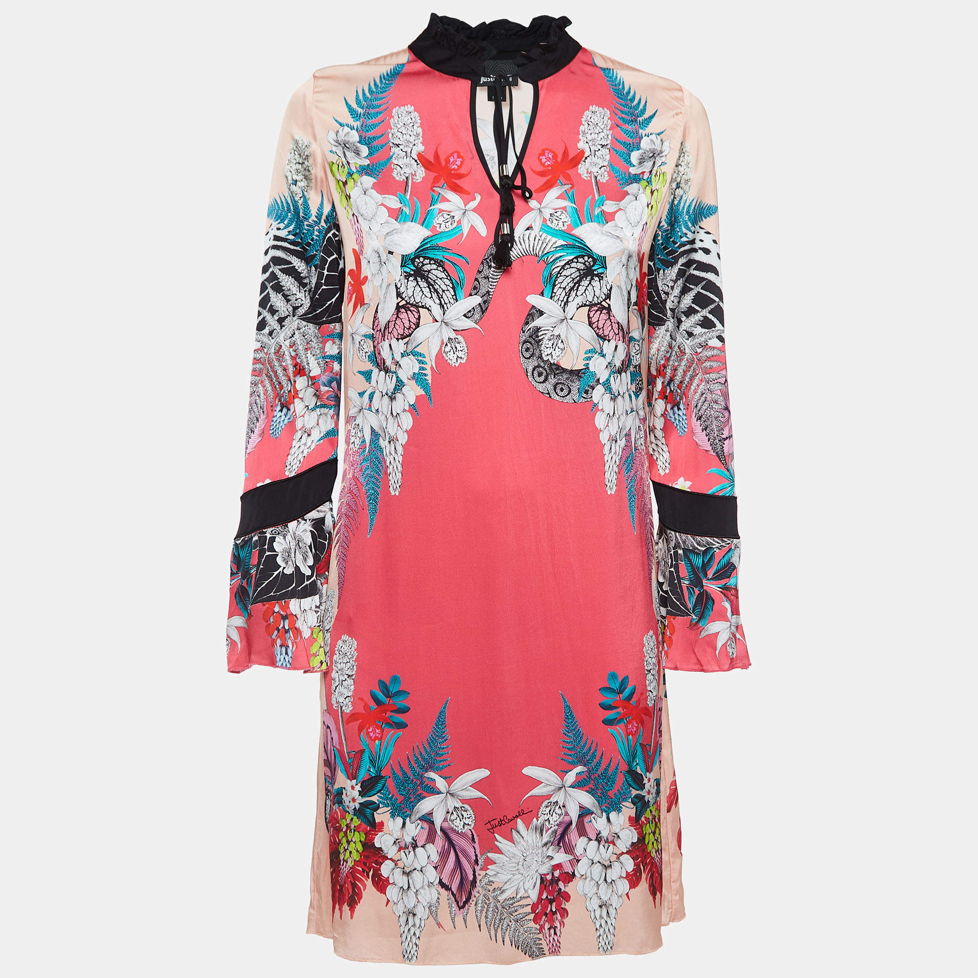 Pre Owned Just Cavalli Pink Floral Print Satin Tie-Up Neck Mini Dress S